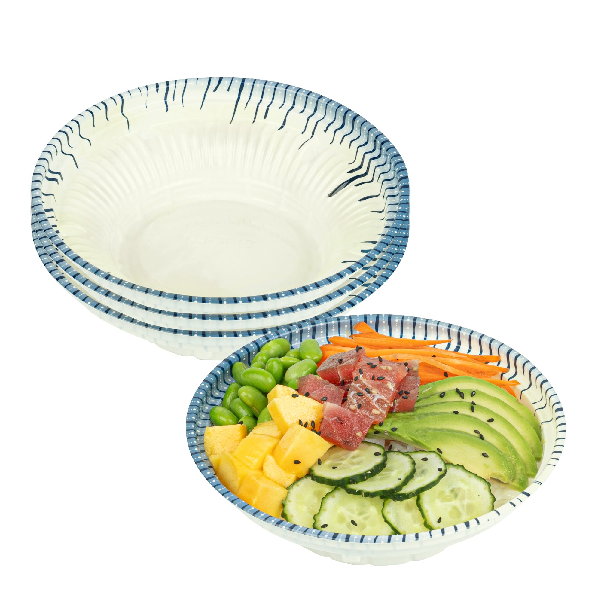 10 oz Round White and Blue Plastic Bento Bowl - Asian Style Microwave Safe Dish - 6.5