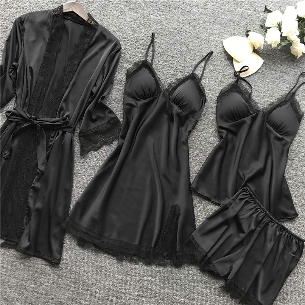Women's Silk Pajama Set - 4 Piece Lace-Trim Sleepwear with Robe, Camisole & Shorts | Comfortable Luxury Nightwear for Relaxation & Romantic Evenings