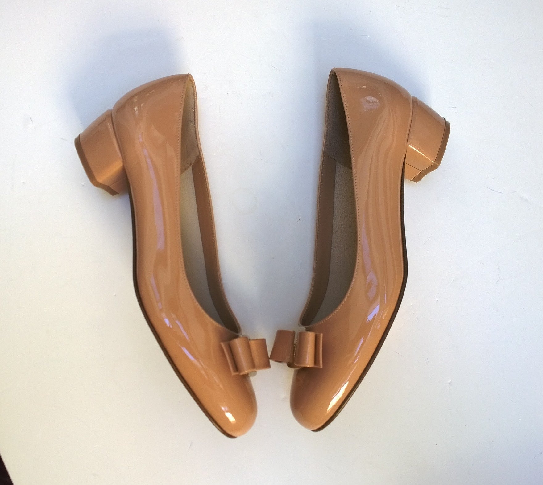 Ferragamo Vara Patent Leather Nude Heels with Bow - Women's Dress Shoes for Work & Special Occasions - Size C Width - New in Box