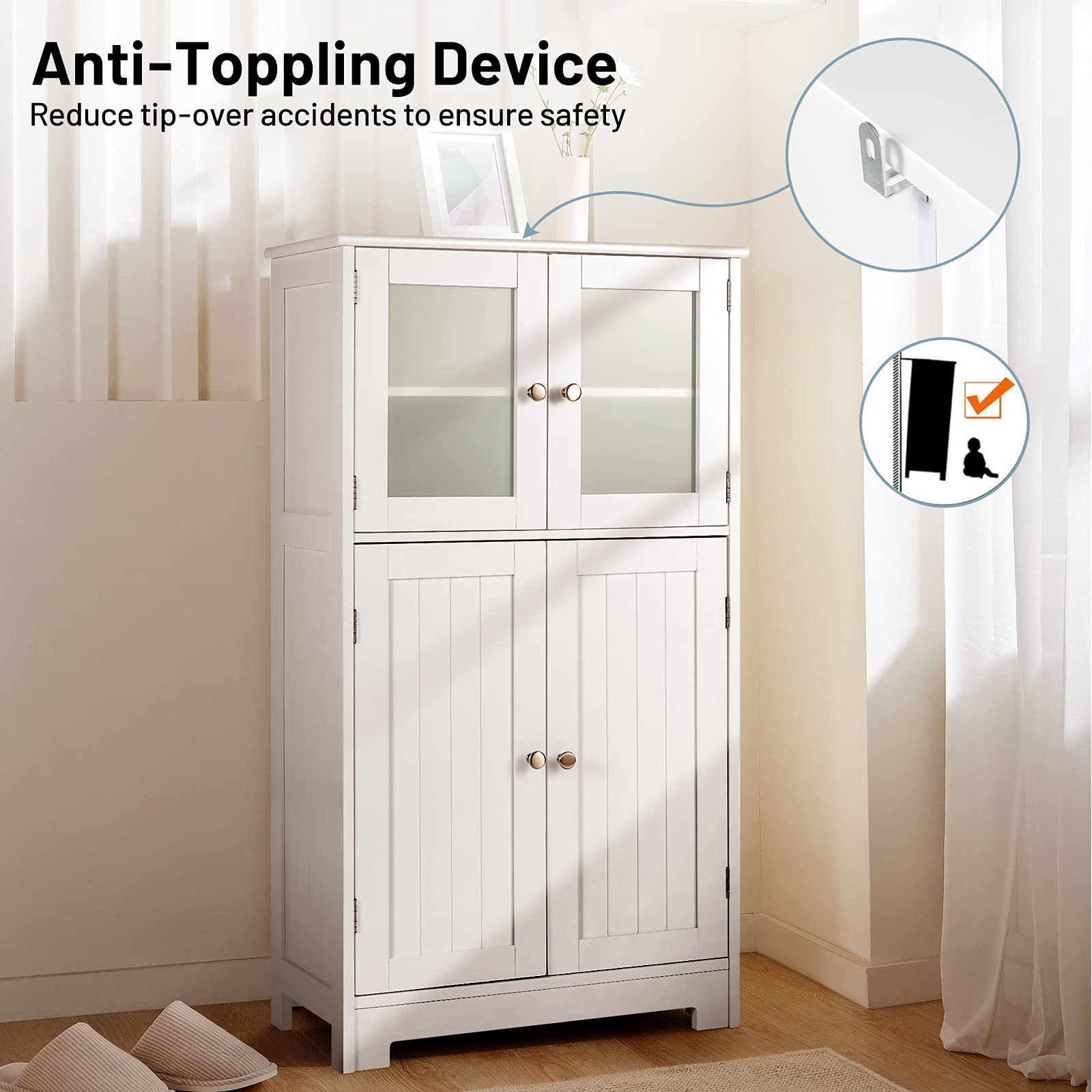 Tangkula Freestanding Bathroom Floor Cabinet with Glass Doors - Adjustable Shelf Wood Storage Cabinet for Bathroom, Kitchen, Hallway, Living Room & Office - Perfect for Organizing Towels, Toiletries & Home Decor (White)