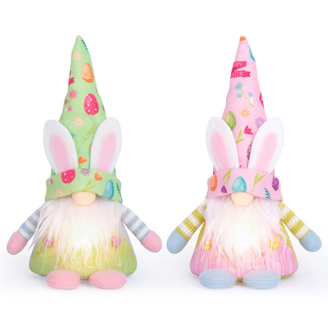 JUSTDOLIFE Easter Bunny Gnome - 2PCS Light Up Faceless Dwarf Doll Decor for Home, Garden & Easter Party | Cute Gnome Statue for Indoor/Outdoor Holiday Decoration
