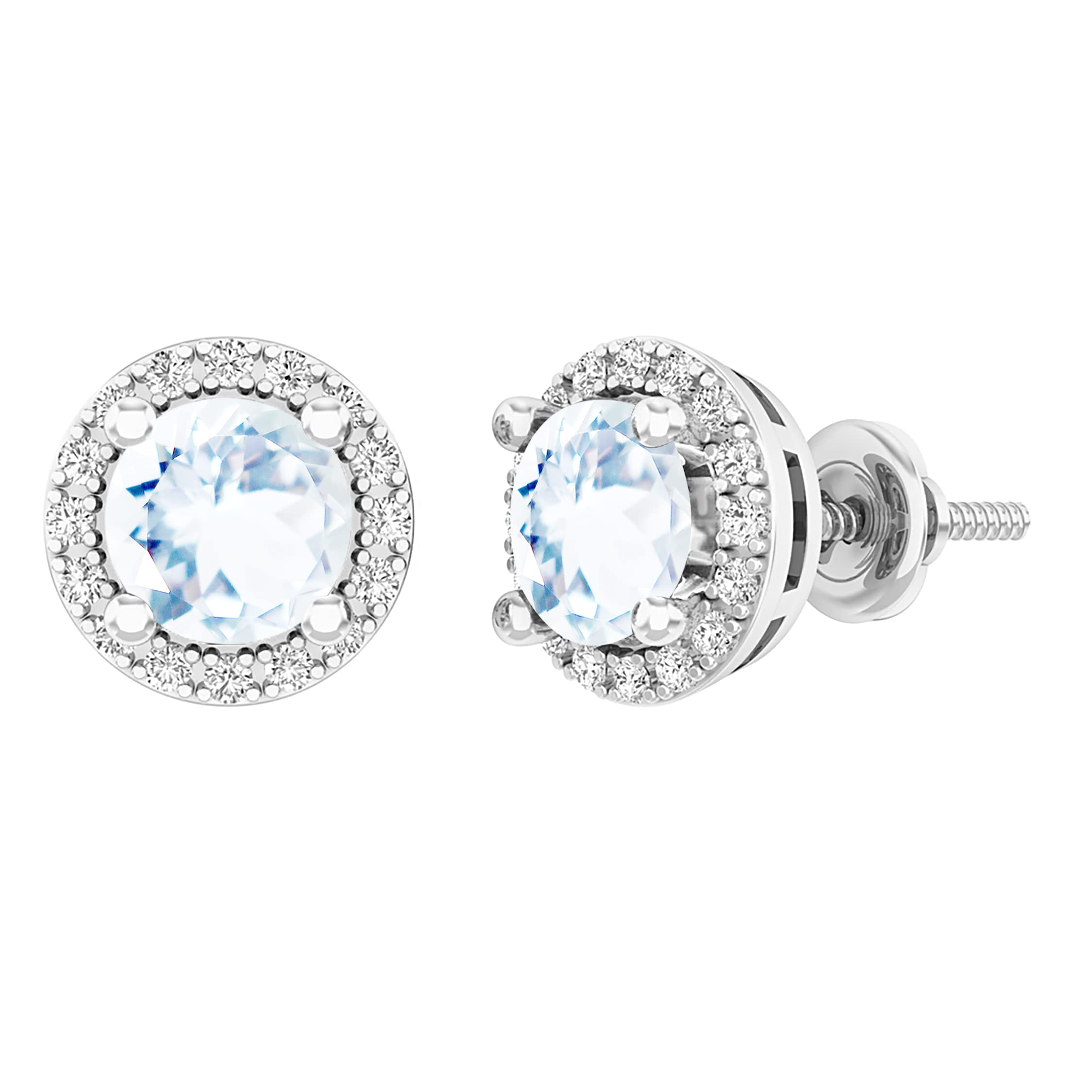 Dazzlingrock 6mm Round Gemstone Stud Earrings for Women - White Diamond Halo, Screw Back, Solid White Gold | Perfect for Weddings, Parties & Special Occasions