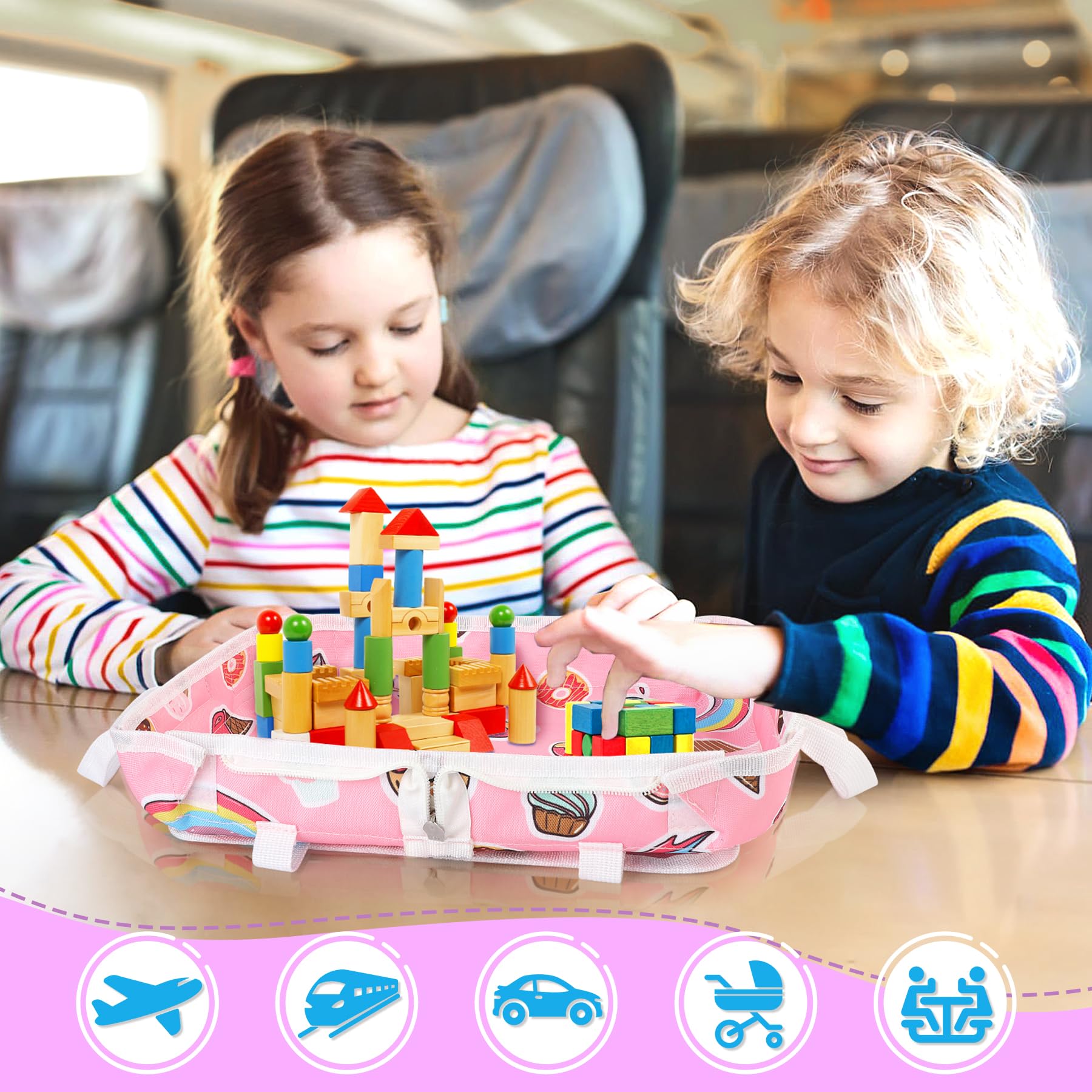 Foldable Kids Travel Tray with Storage Pockets - 2-in-1 Airplane & Car Seat Lap Tray with Crossbody Bag for Toddlers | Perfect for Snacks, Toys & Activities During Flights, Train Rides & Road Trips (Pink)