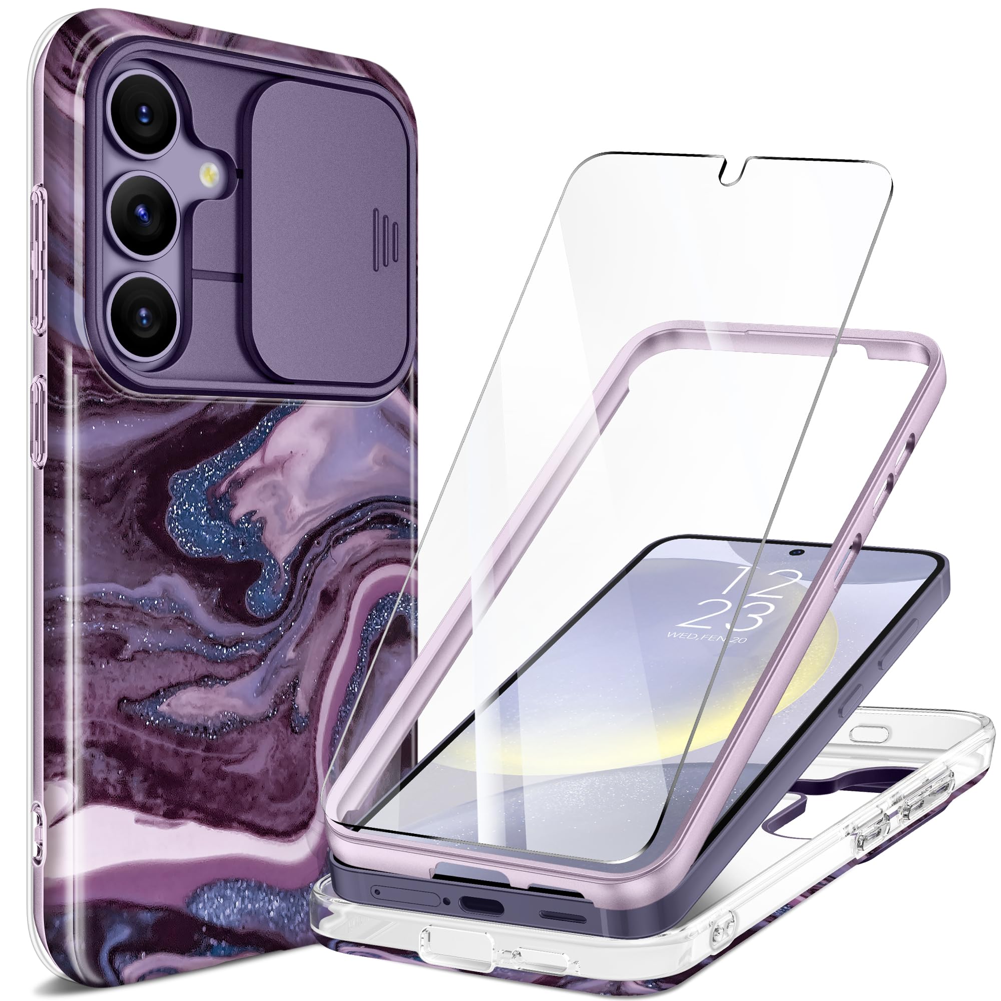 Premium Shockproof Samsung Galaxy S24 Plus Case with Slide Camera Cover & Screen Protector | 10FT Drop Protection | Marble Design Full Body Protection for S24+ 6.7