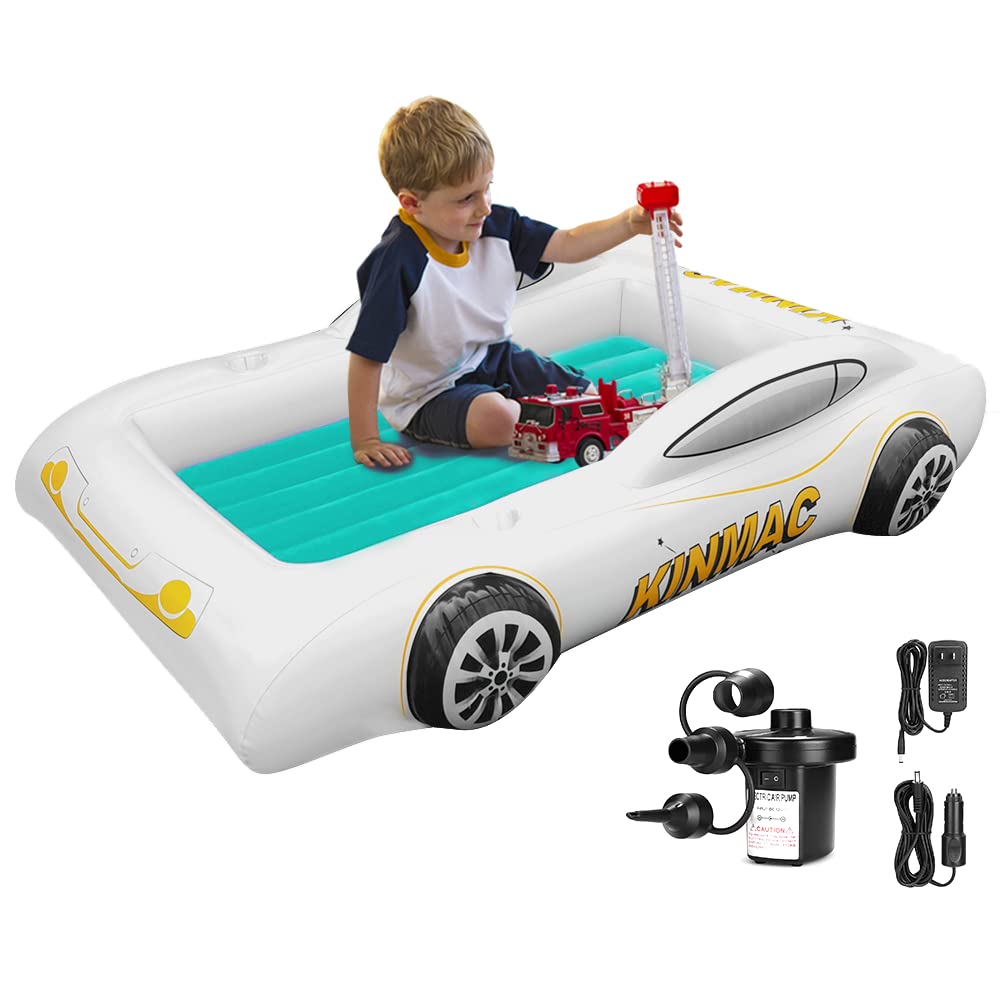 Inflatable Toddler Travel Bed - Portable Kids Air Mattress for Camping & Car Trips | Racecar Design with Safety Sides | Green Blow Up Sleeping Pad for Toddlers - Perfect for Travel, Sleepovers & Outdoor Adventures