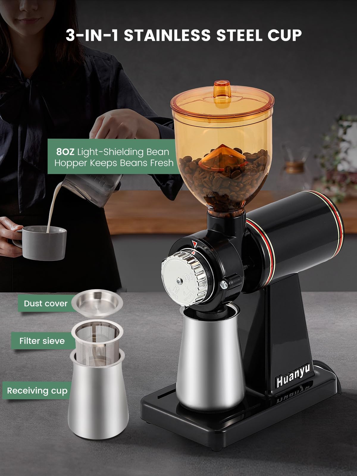 Premium Electric Stainless Steel Coffee Grinder with 8 Adjustable Grind Settings - Flat Burr Mill for Espresso, French Press & Drip Coffee - Perfect for Home & Office Use - Black