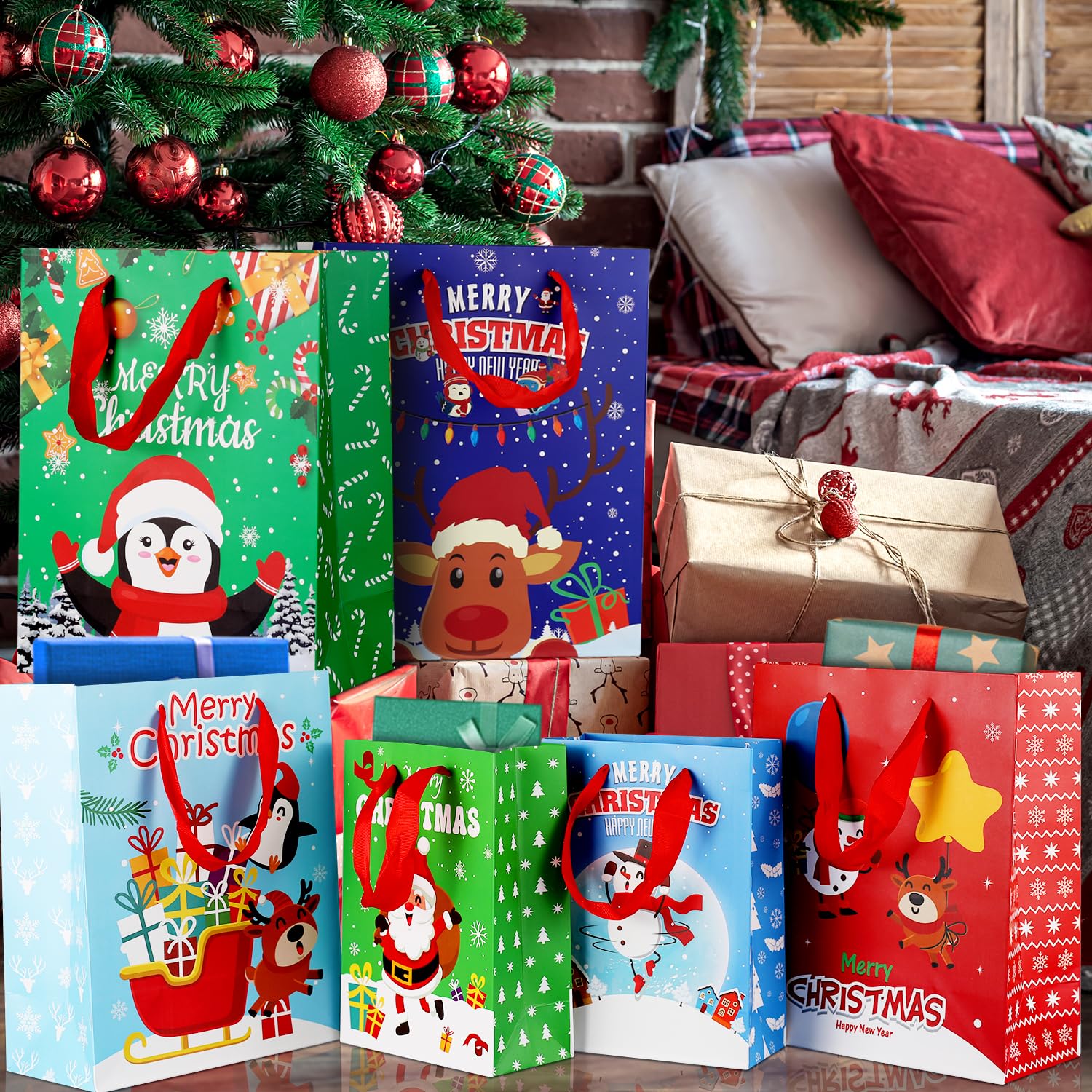 PINWATT 12-Pack Christmas Gift Bags Set - Assorted Sizes with Tissues for Holiday Gifts Wrapping | Perfect for Christmas Parties, Office Exchanges & Festive Present Giving
