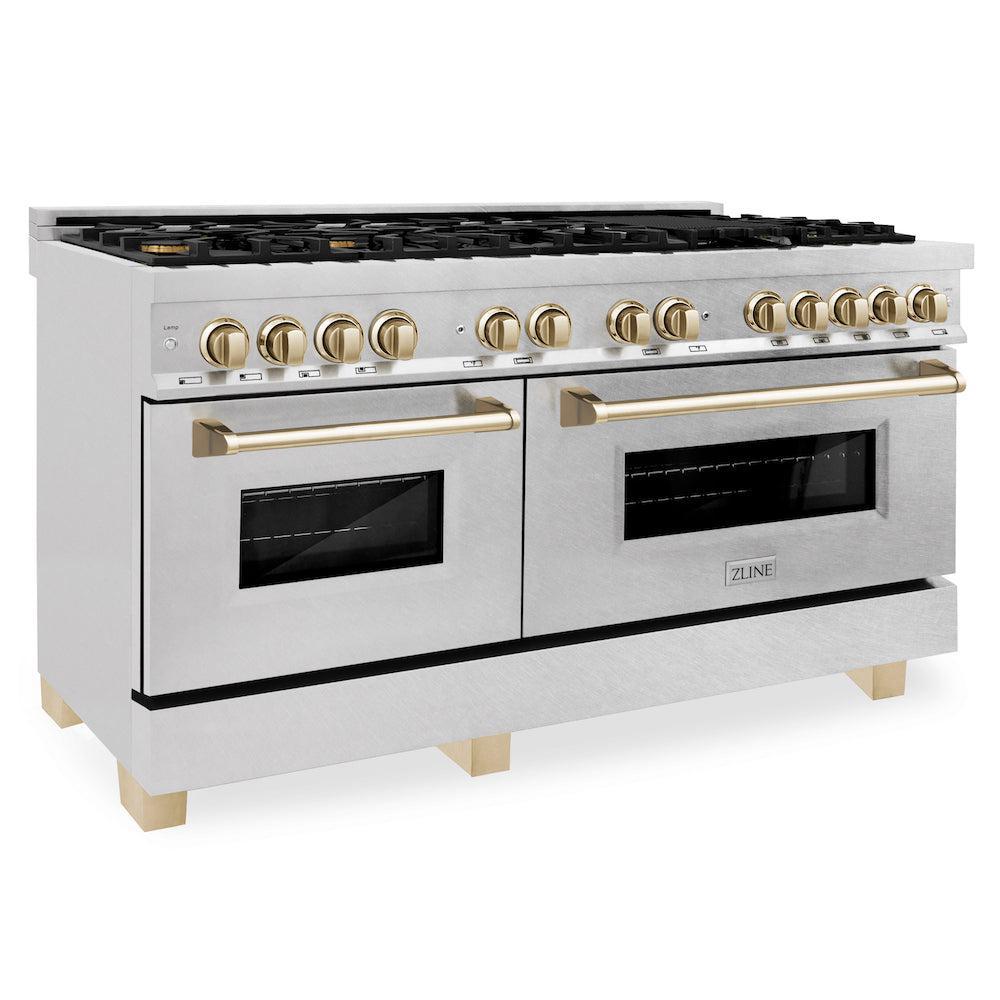 ZLINE Autograph Edition 60-Inch Dual Fuel Range with 9-Burner Gas Cooktop & 2 Electric Convection Ovens - 7.4 cu. ft. Capacity in Satin Stainless Steel with Polished Gold Accents (RASZ SN 60 G) - Perfect for Professional Home Chefs & Luxury Kitchen Upgrades