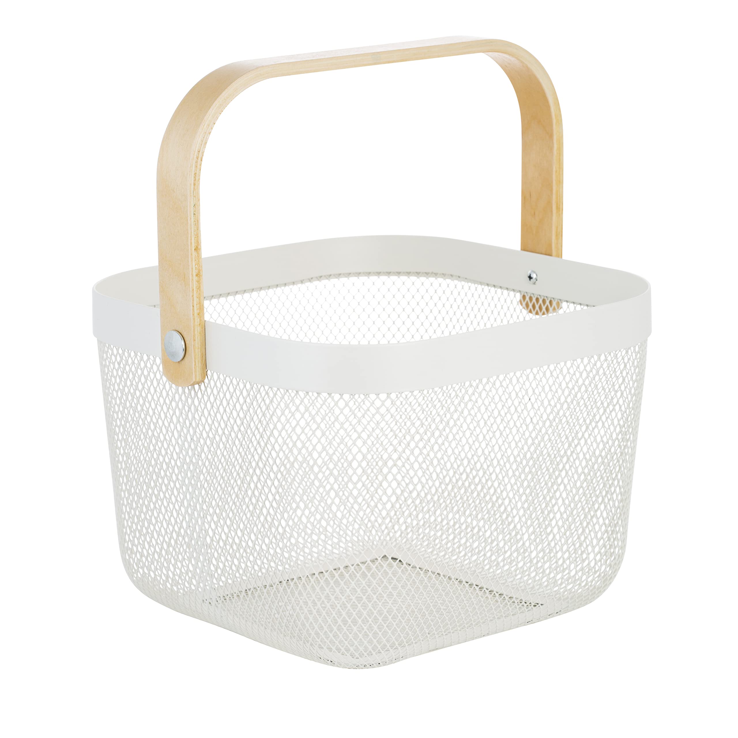 White Bamboo Handle Shower Caddy - Durable Multi-Purpose Basket for Bathroom & Groceries