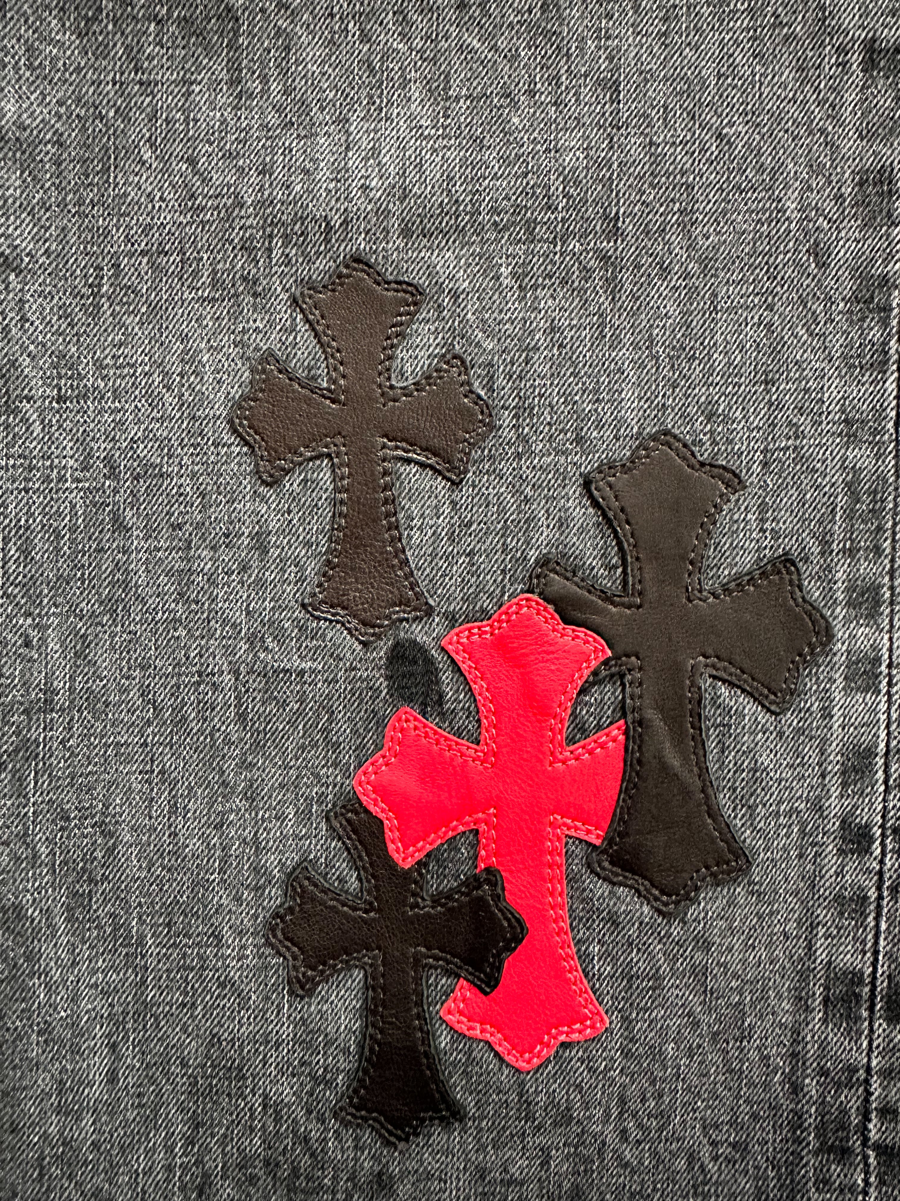 Chrome Hearts Grey Black & Red Cross Patch Jeans for Men & Women - Gothic Punk Fashion Denim Pants for Streetwear & Casual Outfits