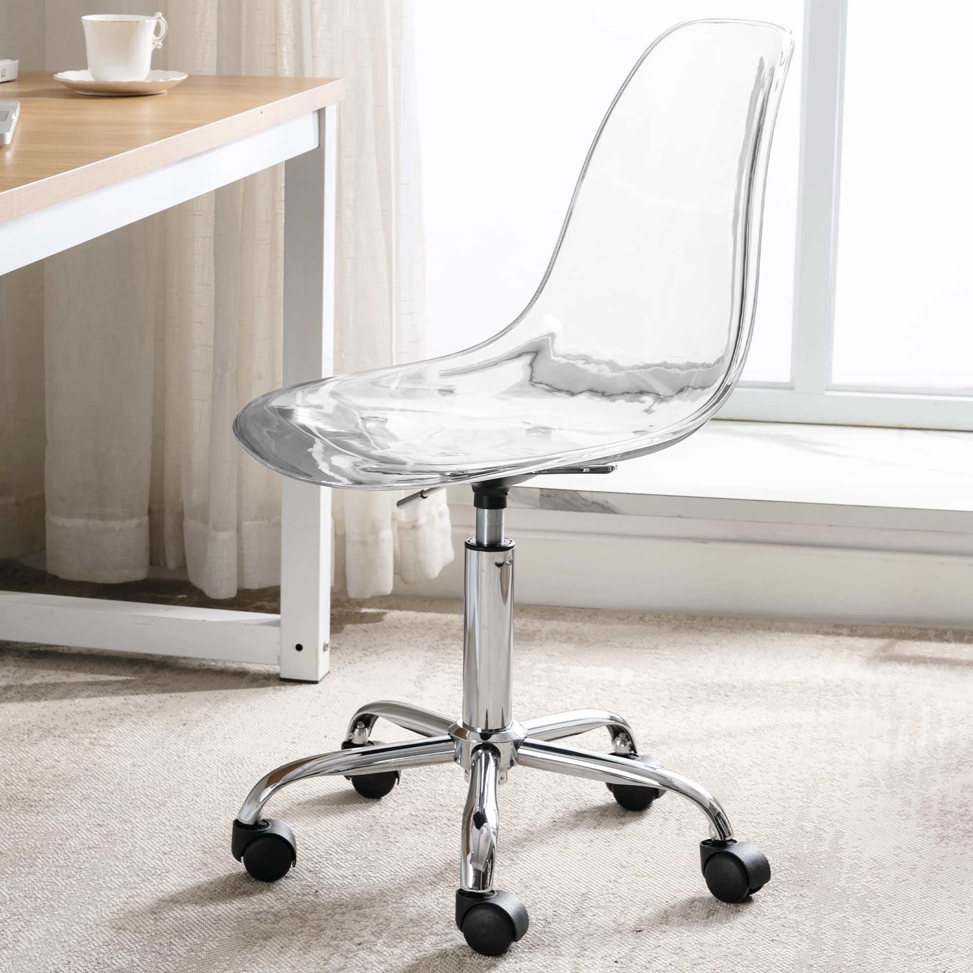 Acrylic Clear Desk Chair - Rolling Armless Swivel Height Adjustable Office Chair with Wheels | Modern Ghost Molded Plastic Design for Home Office, Vanity & Workspace