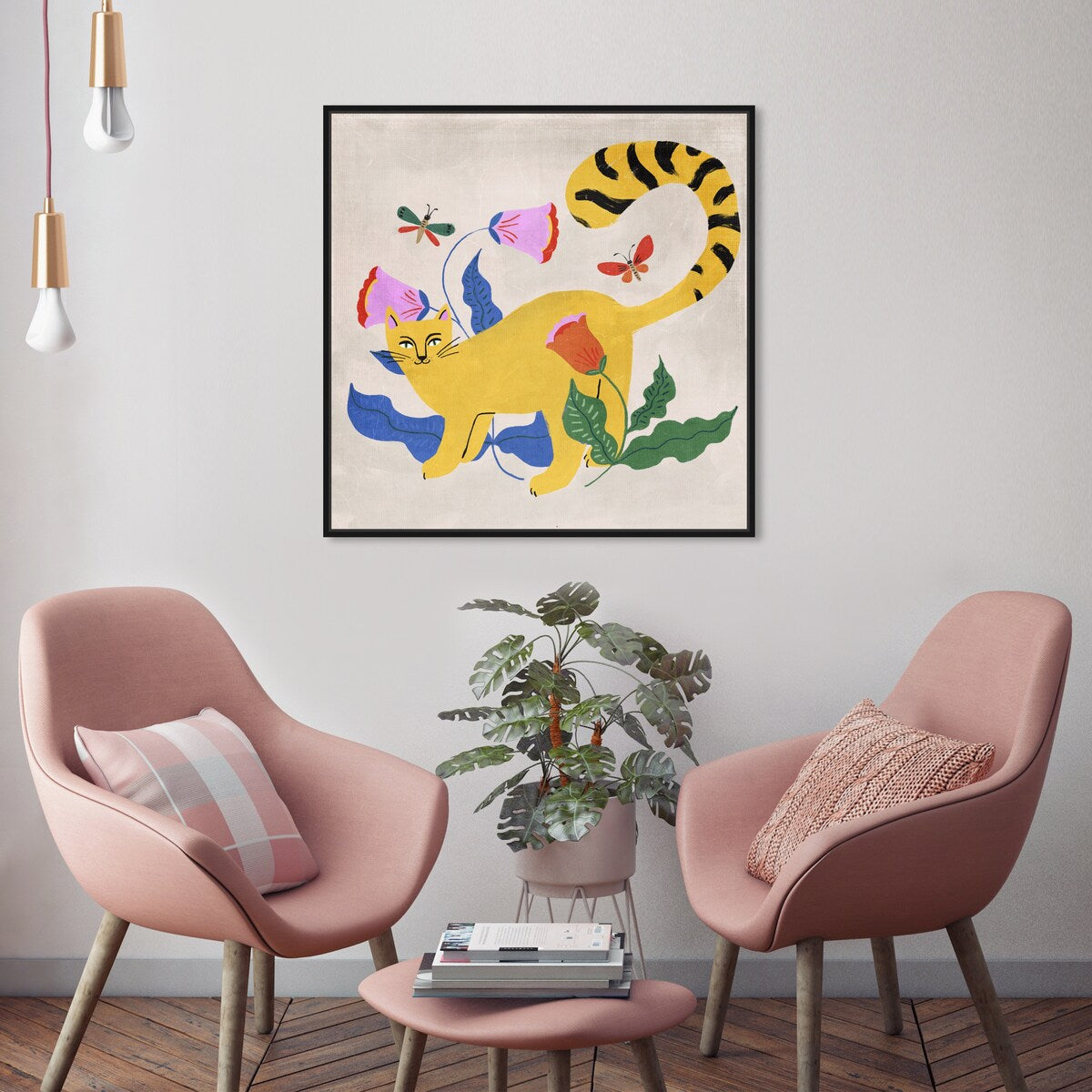 Blonde Tabby Floral Kitten Butterfly Garden Modern Yellow Framed Canvas Wall Art Print - Perfect for Bedroom, Living Room & Nursery Decor