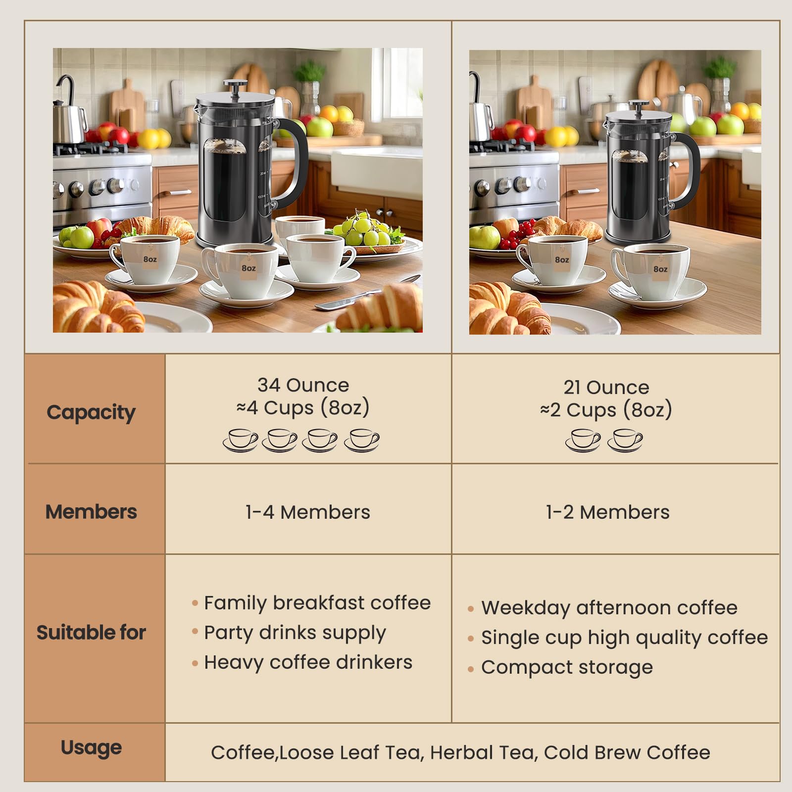 BAYKA 34oz French Press Coffee Maker - 1 Liter Borosilicate Glass & Stainless Steel Coffee Brewer - Large Cold Brew Tea Maker for Home, Office, Travel & Camping - Perfect Coffee Bar Accessory (Dark Pewter)