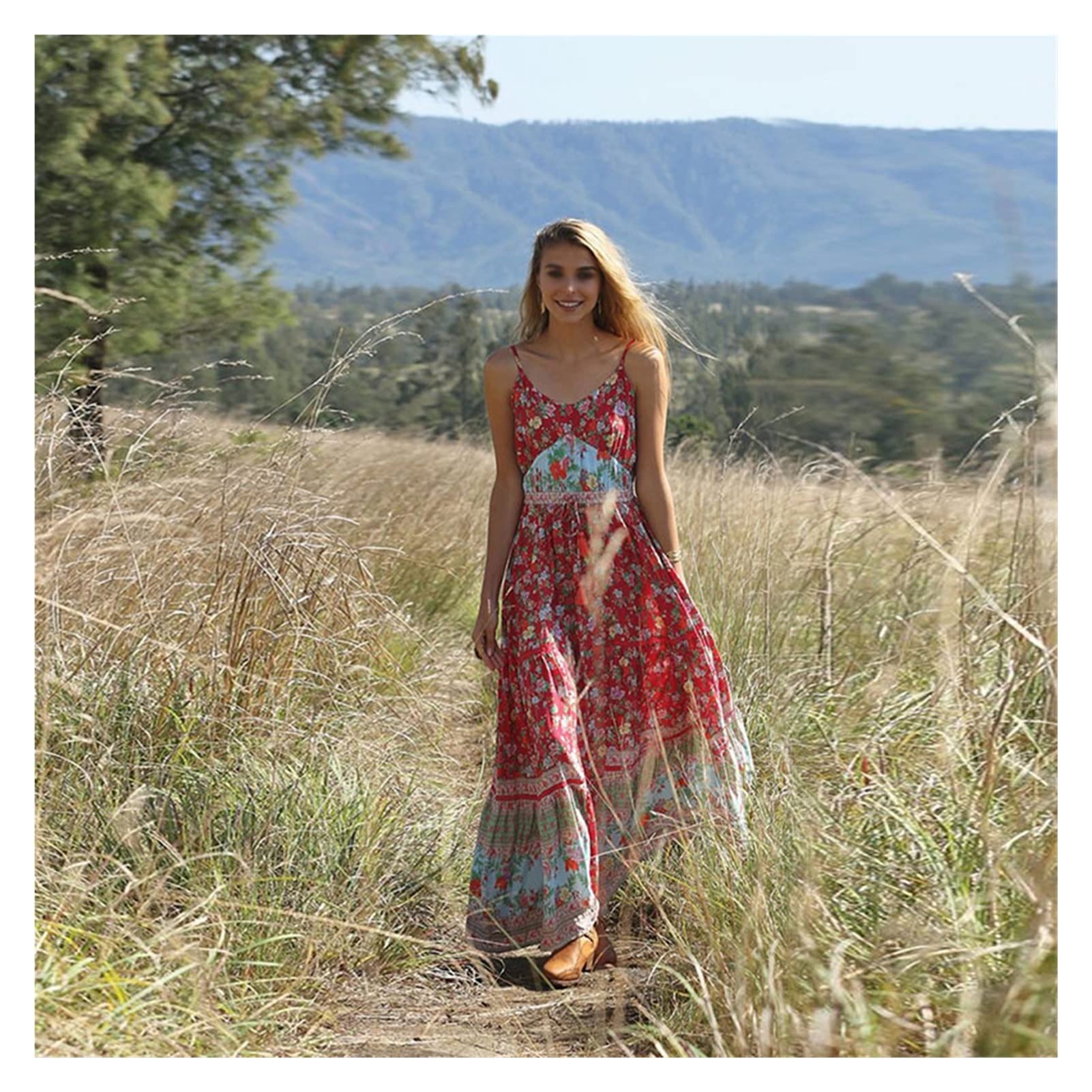 CHYSP Women's Bohemian Floral Print Long Sleeve Maxi Dress - Lace Up Back, Pleated Beach Dress for Summer Vacation, Party & Casual Wear (Color A, Size S)