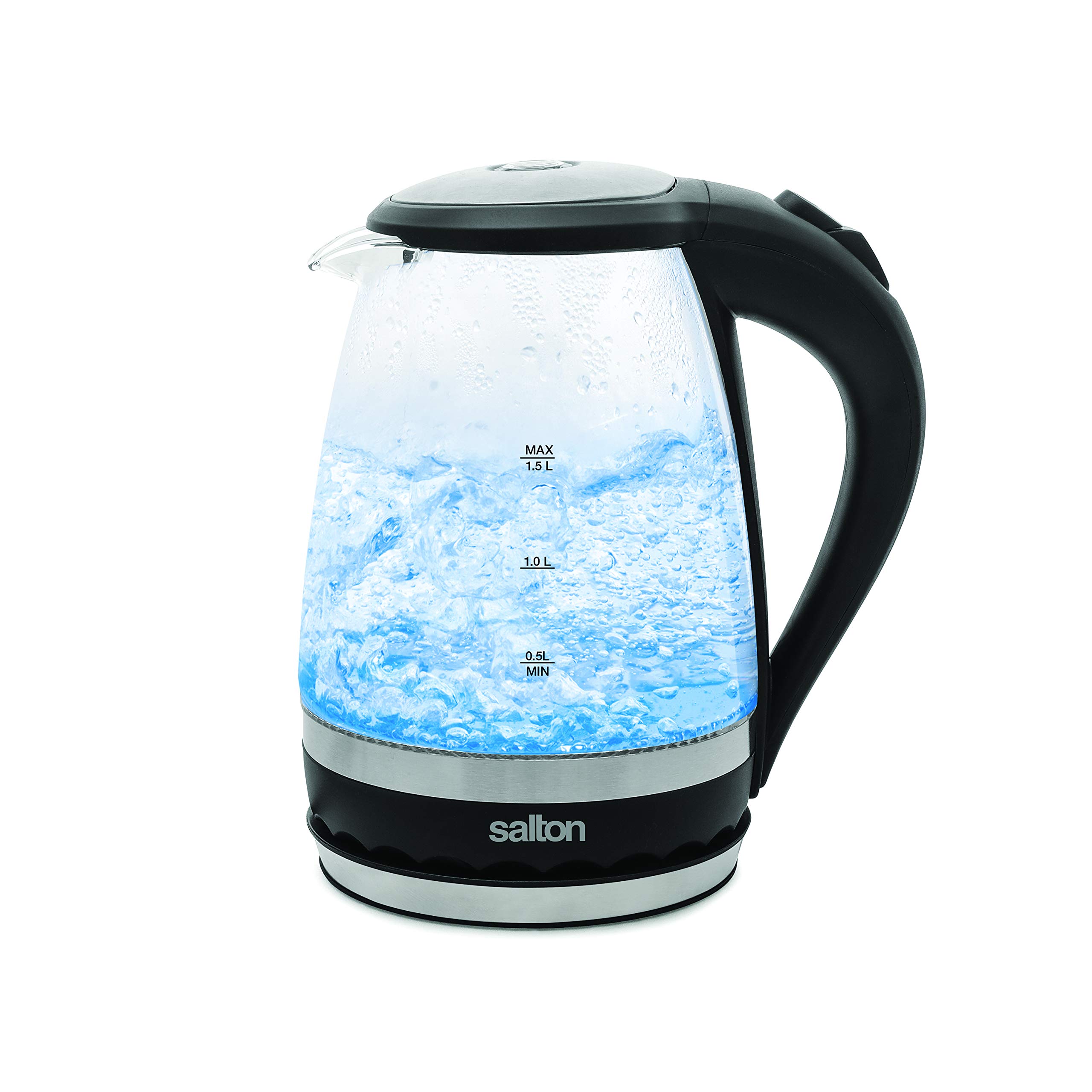 Salton GK1831 Cordless Electric Glass Kettle - 1.5L/Quart Water Boiler & Tea Heater with Auto Shut-Off, Boil-Dry Protection & Soft Blue LED Light - 1100W Fast Heating for Coffee, Tea & Instant Meals - Perfect for Home, Office & Dorm Use