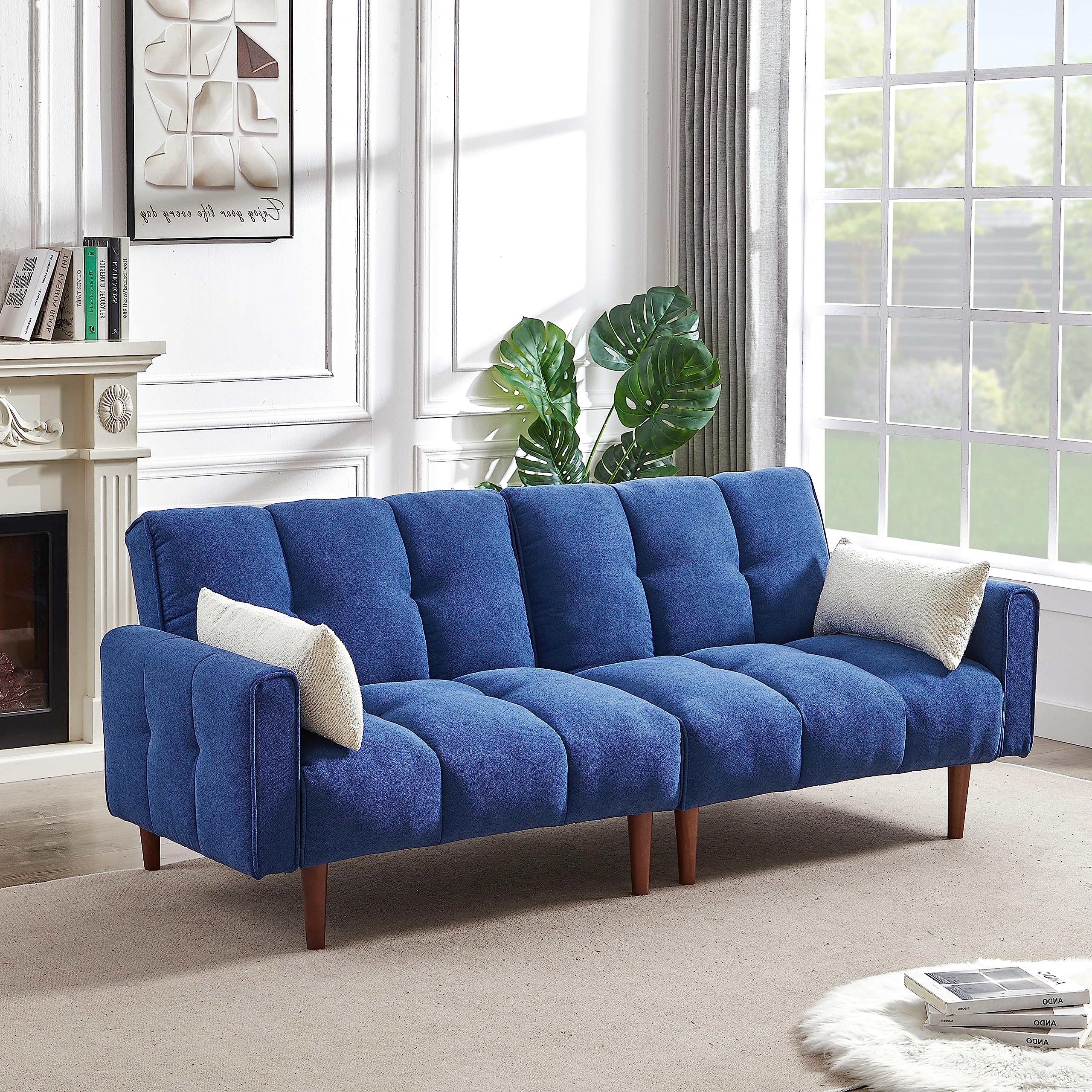 Convertible Futon Sofa Bed - Adjustable Couch Sleeper with Wooden Legs & 2 Pillows | Modern Fabric Linen Upholstered Sleeper Sofa for Small Spaces | Perfect for Apartments, Living Rooms, Studios & Guest Rooms (Blue)