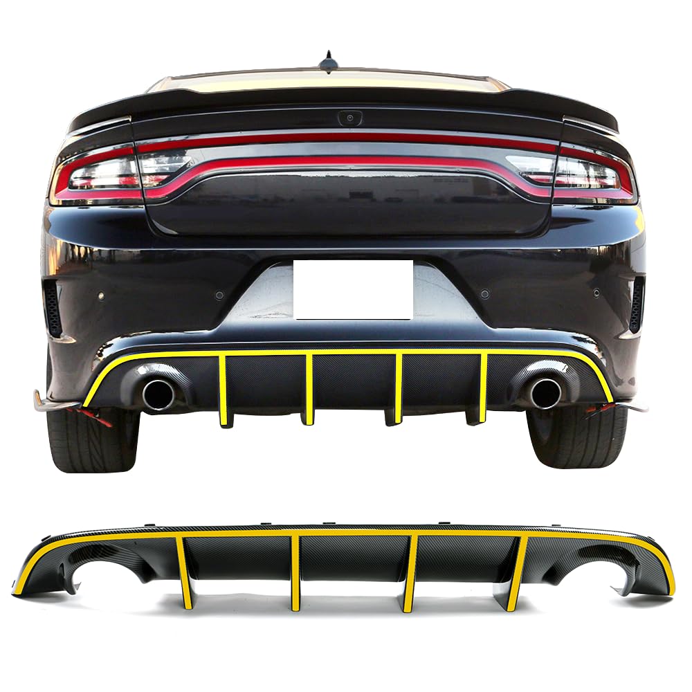 IKON MOTORSPORTS Bumper Lip Spoiler for 2015-2023 Dodge Charger SRT | Factory Style Rear Diffuser with Yellow Reflective Tape | Enhances Aerodynamics & Style for Street Racing & Car Shows
