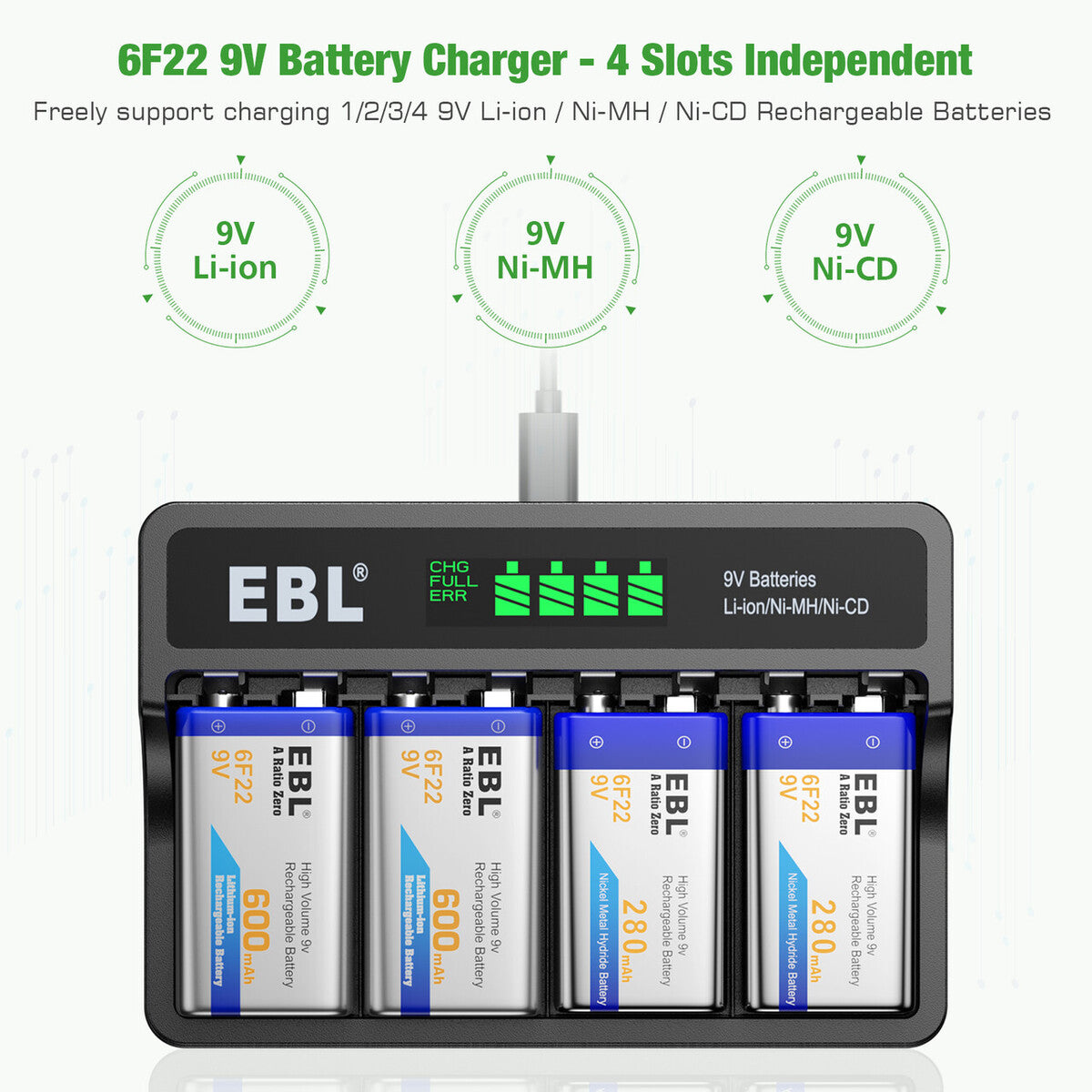 EBL 4 Bay 9V Battery Charger for Rechargeable Li-ion Ni-MH Ni-CD Batteries - Fast Charging for Smoke Detectors, Guitar Pedals & Wireless Microphones