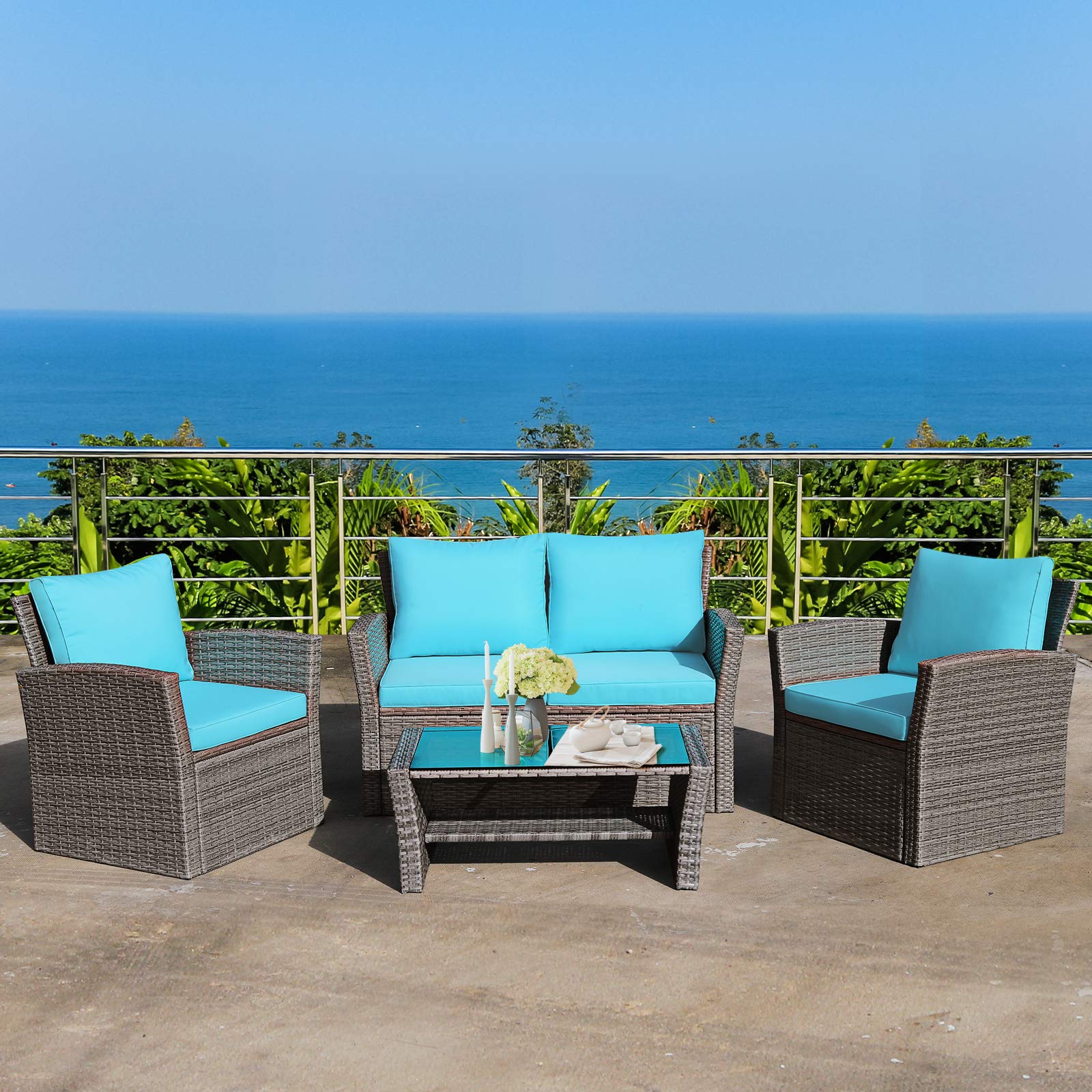 Tangkula 4-Piece All-Weather Outdoor Patio Furniture Set - Wicker Rattan Sectional Sofa with Cushions & Tempered Glass Table - Turquoise Conversation Set for Backyard, Garden, Poolside, Deck & Patio Relaxation