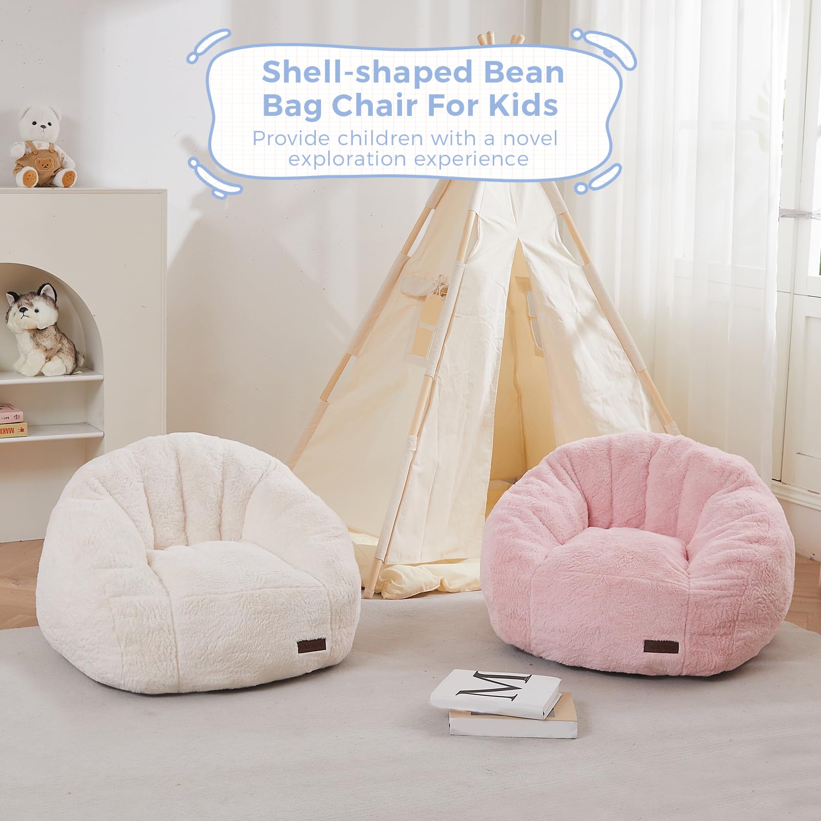 MAXYOYO Kids Bean Bag Chair - Shell Shaped Bean Bag Couch for Boys & Girls, Soft Beige Comfortable Seating for Playroom, Bedroom, Reading Nook & Relaxation