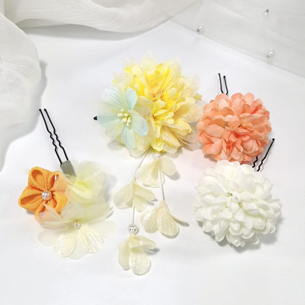 Japanese Hair Clips Set - Elegant Kimono Flower Hair Barrettes & Pearl Hair Pins for Women & Girls - Perfect for Summer Festivals, Weddings, and Daily Styling - Yellow Floral Hair Accessories