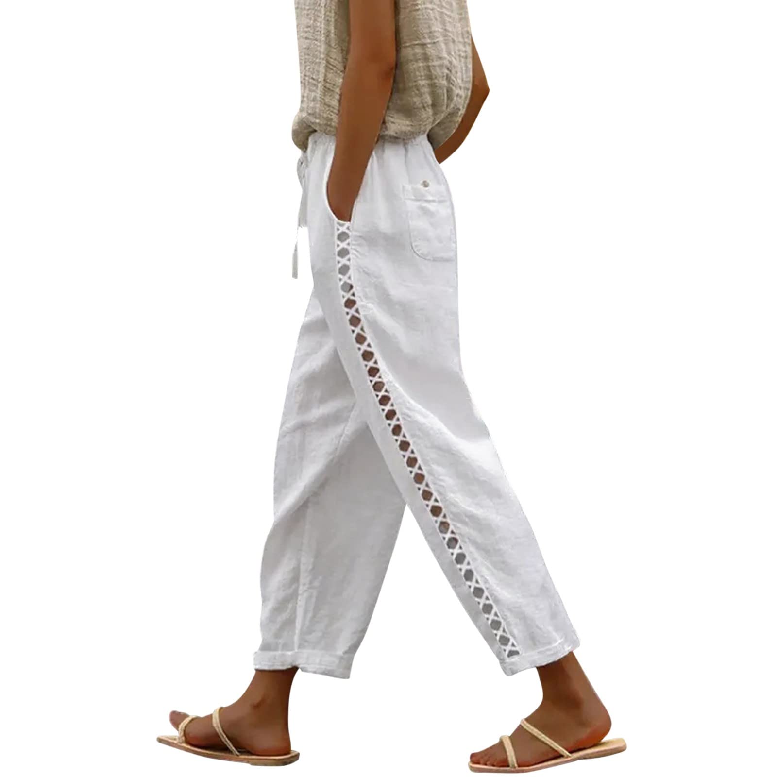 Women's High Waist Casual Pants with Drawstring - Side Cutout Wide Leg Cropped Capri Pants for Summer, Travel & Lounge Wear