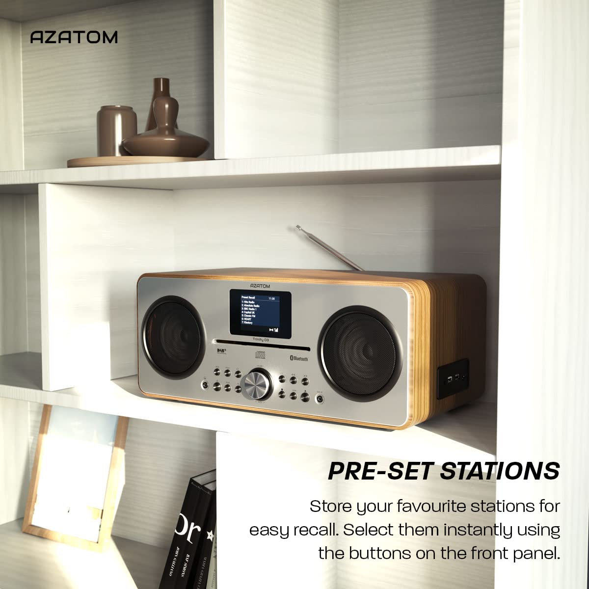 AZATOM Trinity Walnut DAB/DAB+ Digital FM Radio with CD Player & Bluetooth Speaker System | USB MP3 Playback, Charging Port, Alarm Clock, Equalizer & Remote | Hi-Fi Sound for Home, Office & Outdoor Use