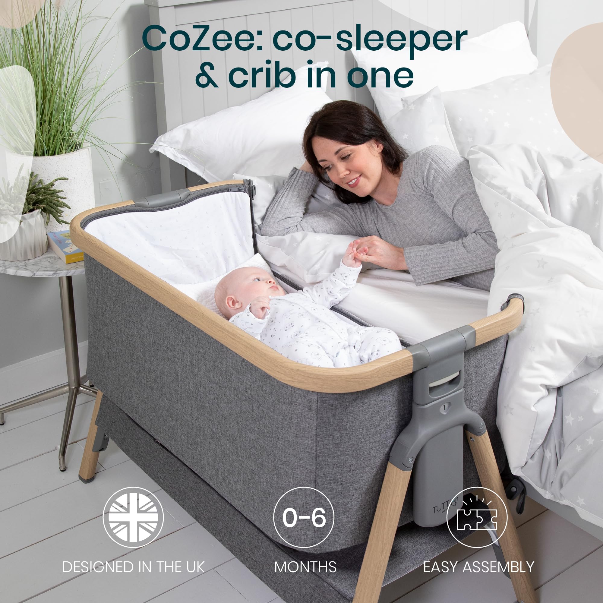 Tutti Bambini CoZee® Next to Me Crib & Standalone Baby Cot - Adjustable 6-Level Folding Co-Sleeper Bedside Crib with Mattress (0-6 Months) - Oak & Charcoal | Perfect for Nursery, Bedroom Co-Sleeping & Travel