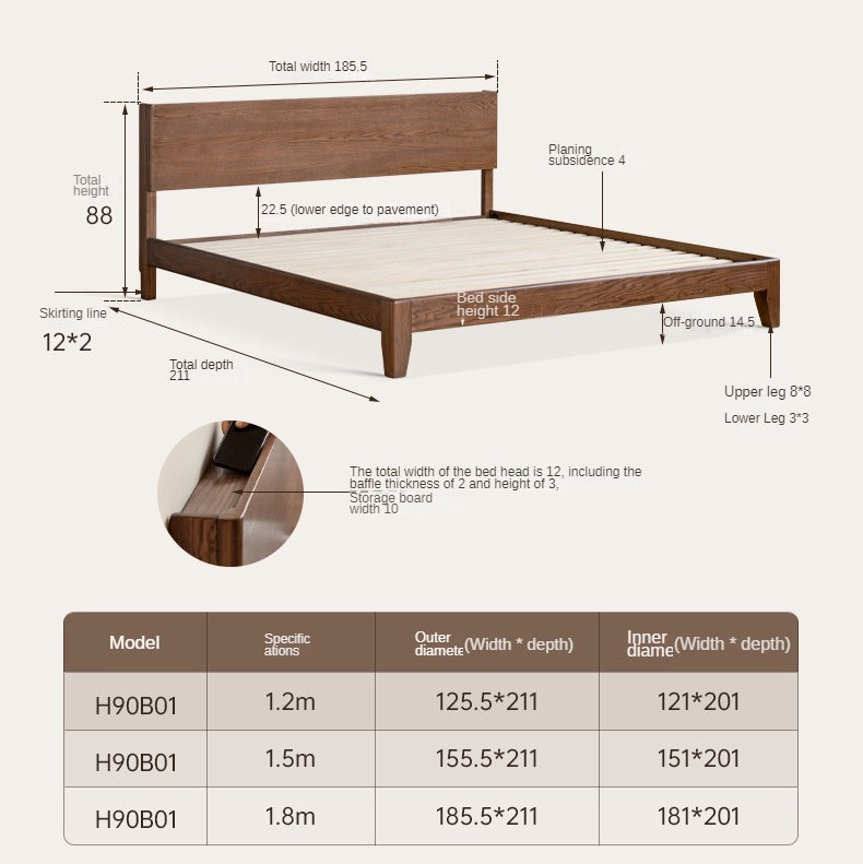 Solid Oak Wood Modern Bed Frame with LED Night Lights in Walnut Finish - Perfect for Bedroom Decor and Cozy Nighttime Ambiance