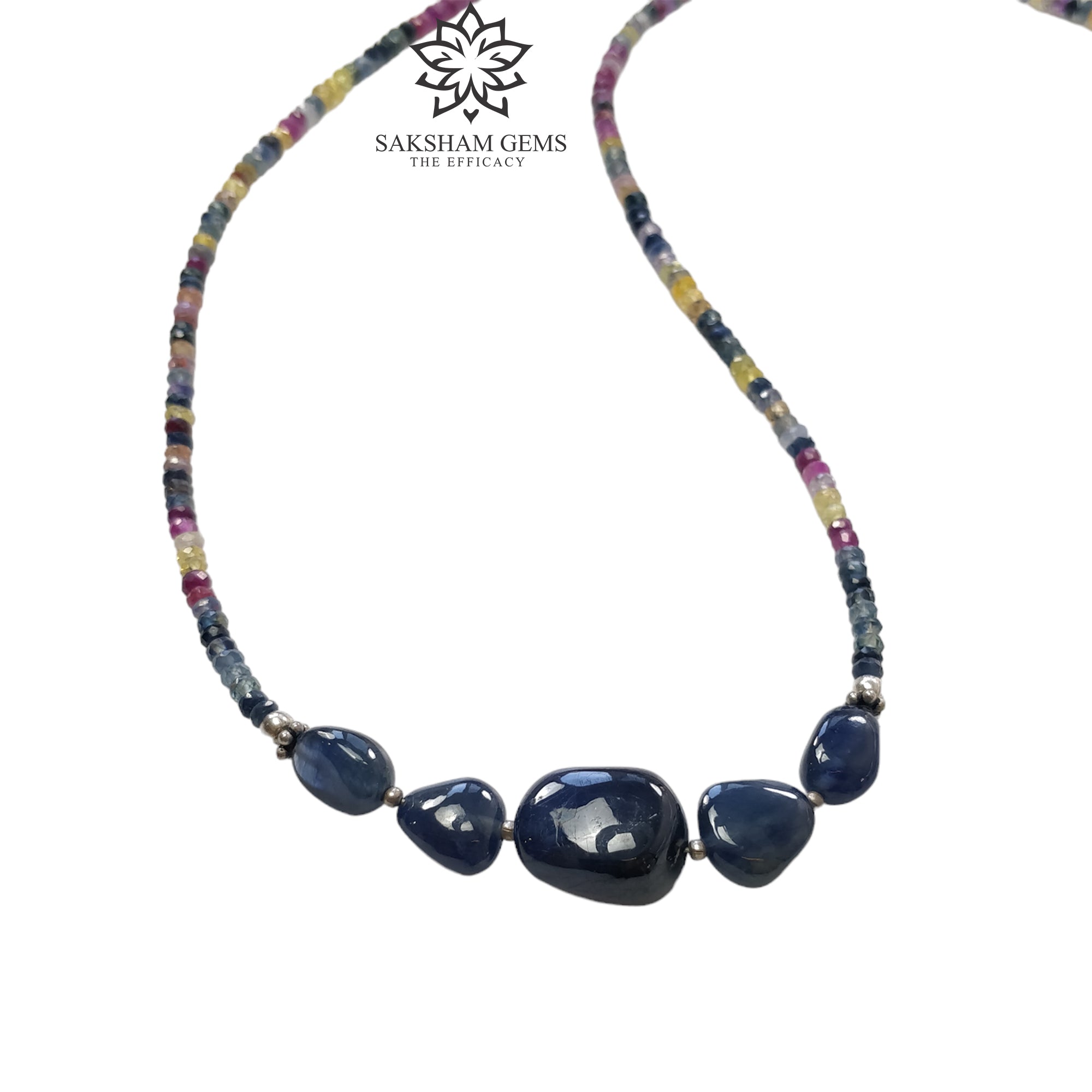 Natural Untreated Blue & Multi Sapphire Beads Necklace - 925 Sterling Silver Faceted Beaded Jewelry (18 Inch, 13.87g) | Perfect for Weddings, Parties & Special Occasions