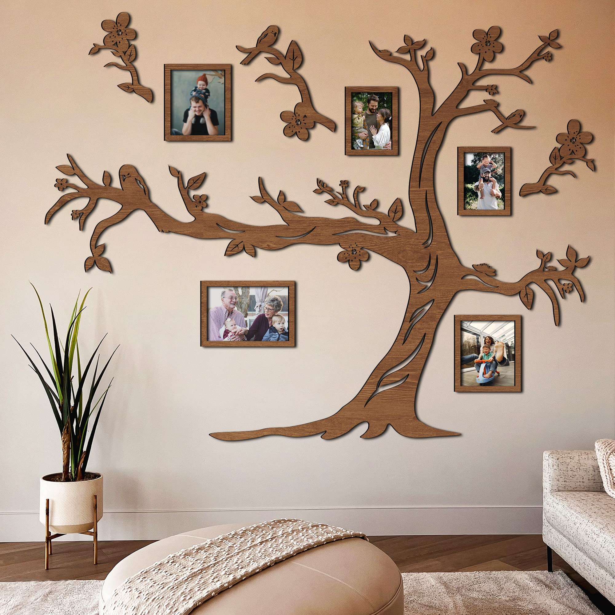 78x61 Inch Personalized Collage Wooden Family Tree with Photo Frames - Custom Home Decor for Bedroom & Living Room - Light Walnut Wood Wall Art - Perfect for Family Reunions & Housewarming Gifts