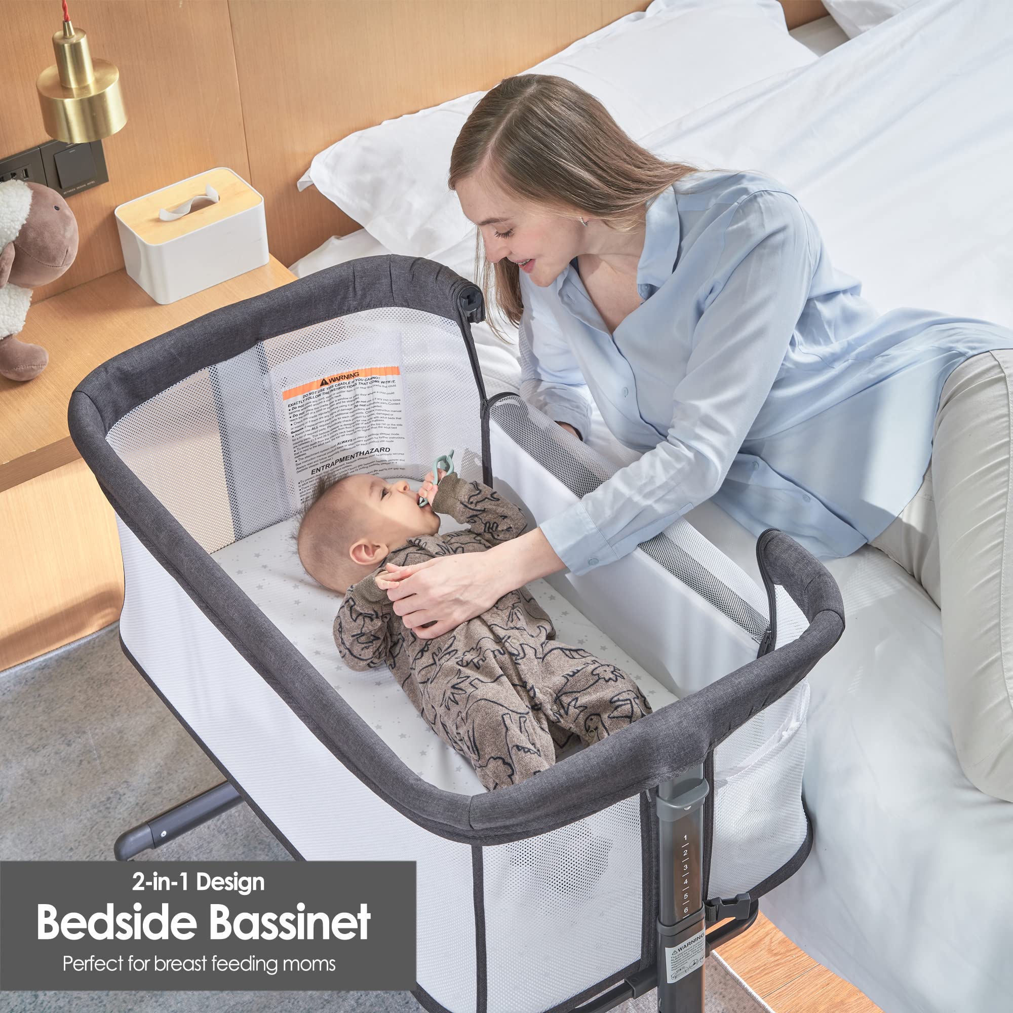 Portable Baby Bassinet Bedside Sleeper with Wheels - Lightweight Foldable Crib for Newborns & Infants, Breathable Mesh & Adjustable Height (Grey) - Perfect for Nursery, Bedroom Co-Sleeping & Travel