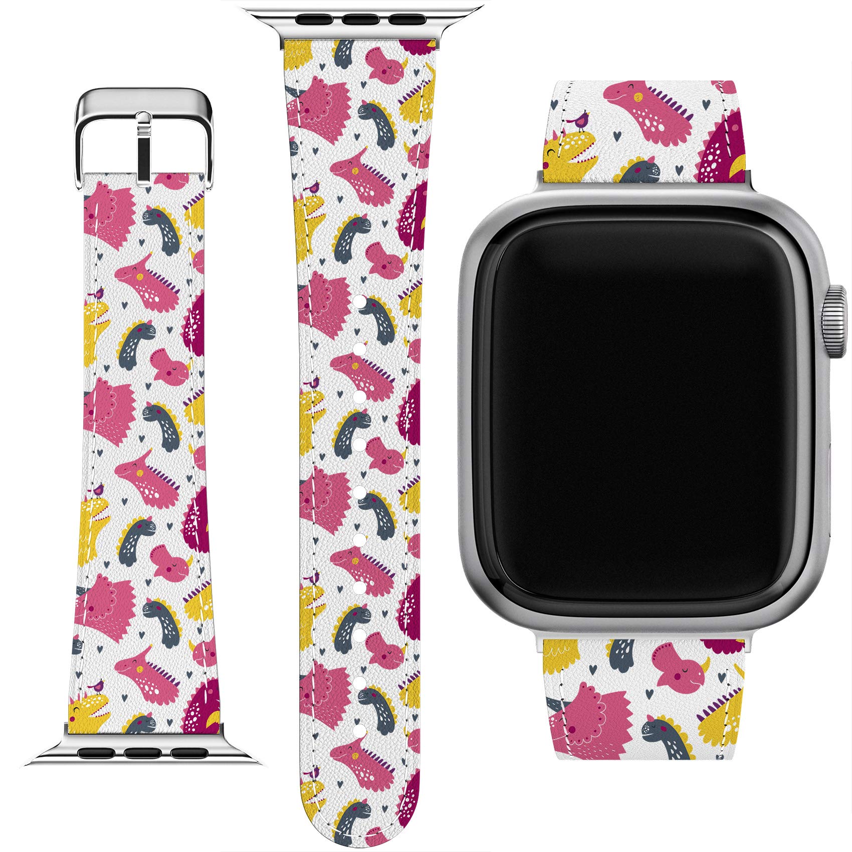Cute Dinosaur Print PU Leather Wrist Band for Apple Watch Series 7/6/5/4/3/2/1/SE (38-40-41-42-44-45mm) - Matching Phone Case & Fantasy Bird Strap - Perfect for Kids, Teens and Dinosaur Lovers - Great for School, Workouts and Everyday Wear