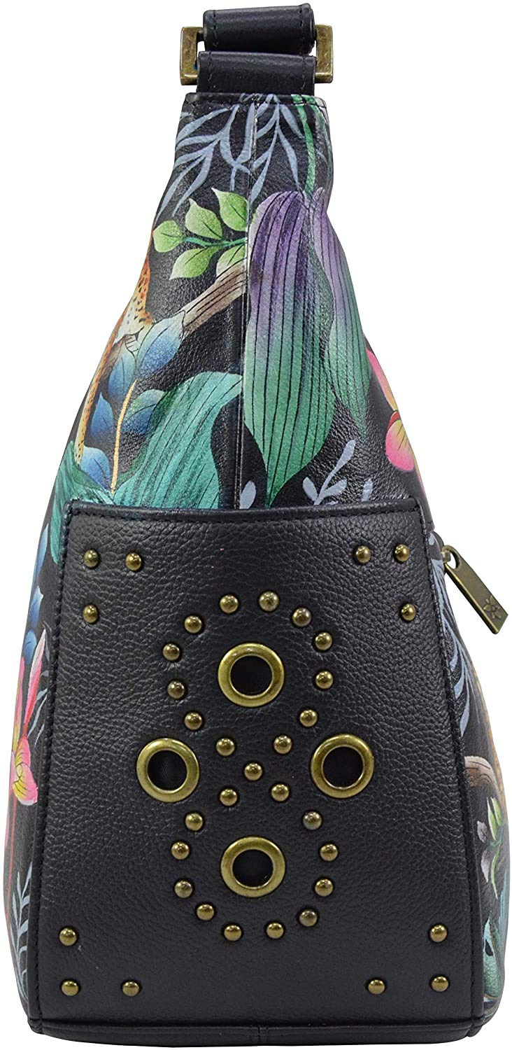Anuschka Women's Genuine Leather Shoulder Bag - Hand-Painted Floral Art Hobo Purse with Studded Side Pockets | Stylish Crossbody Bag for Work, Travel & Everyday Use