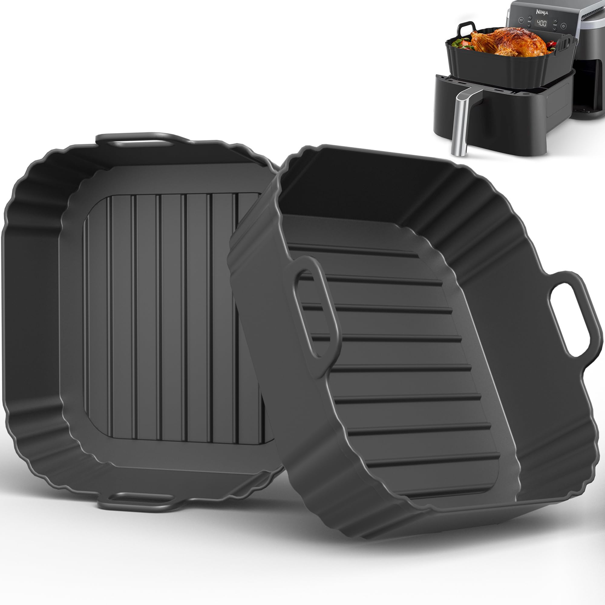Square Silicone Air Fryer Liners 2 Pack - 8.5 Inch Non-Stick Reusable Basket Liners Compatible with Ninja AF141/181 & COSORI 5-6.5 QT Air Fryers | Perfect for Healthy Frying, Roasting, and Baking | Dishwasher Safe Air Fryer Accessories