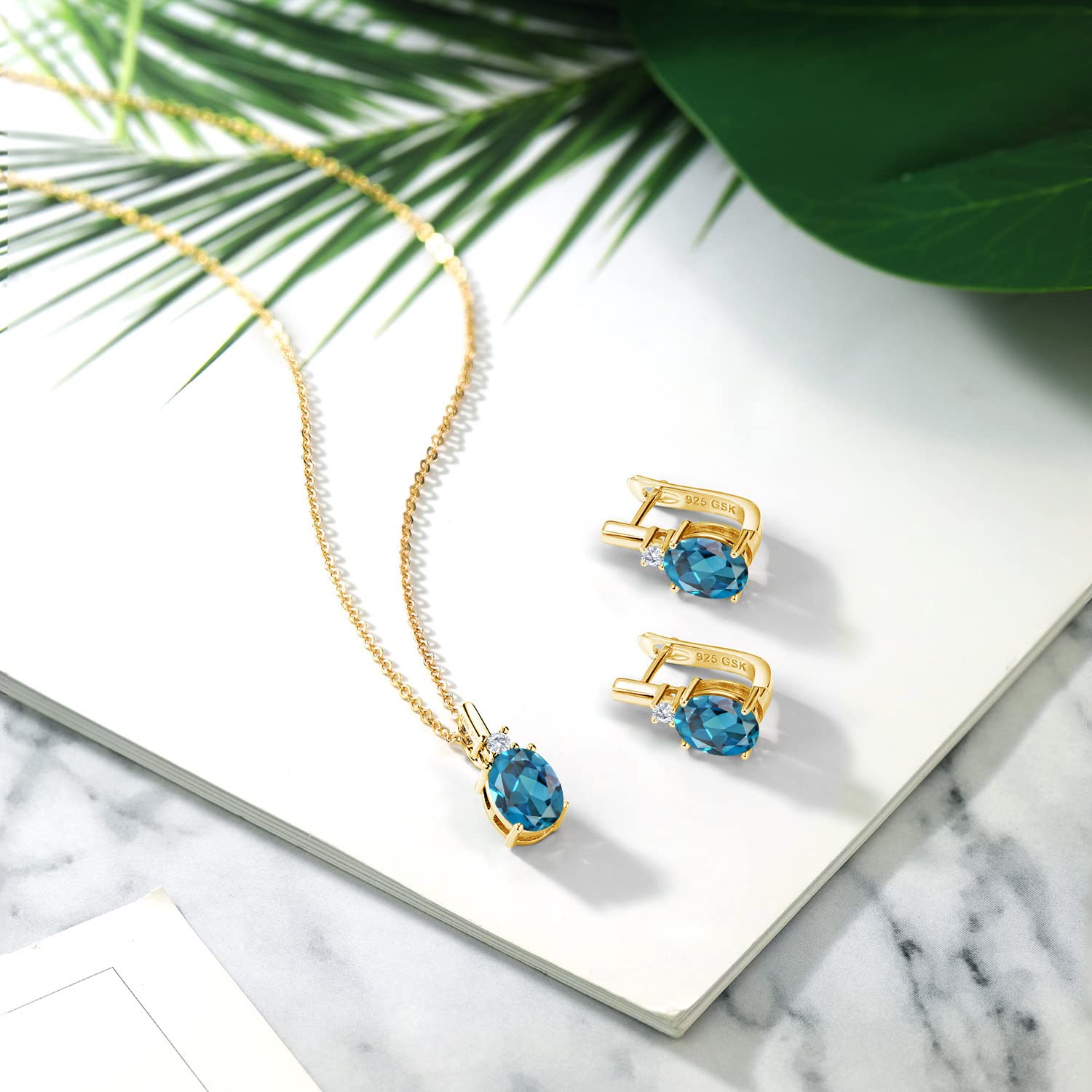 6.95 Ct London Blue Topaz & E-F Lab Grown Diamond 18K Gold Plated Pendant Earrings Set | Gem Stone King | Elegant Jewelry Gift for Women, Birthday, Anniversary & Special Occasions