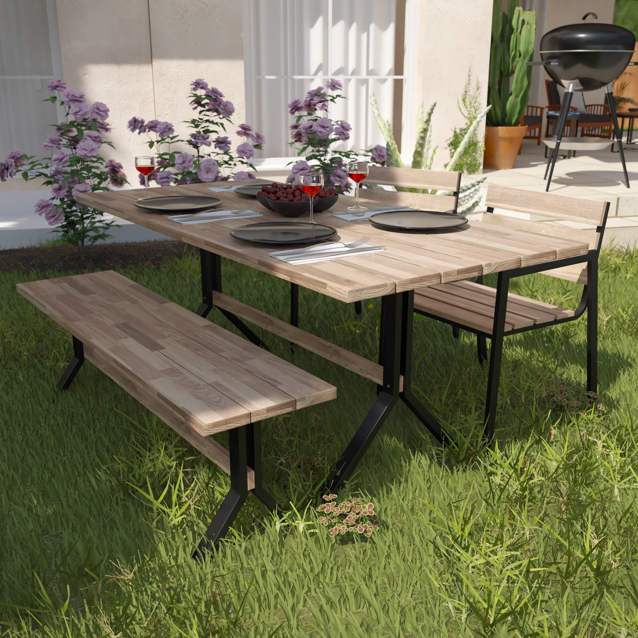 Slatted Outdoor Dining Table by Furniture HotSpot - Natural & Black Finish - Perfect for Patio, Garden, and Backyard Dining