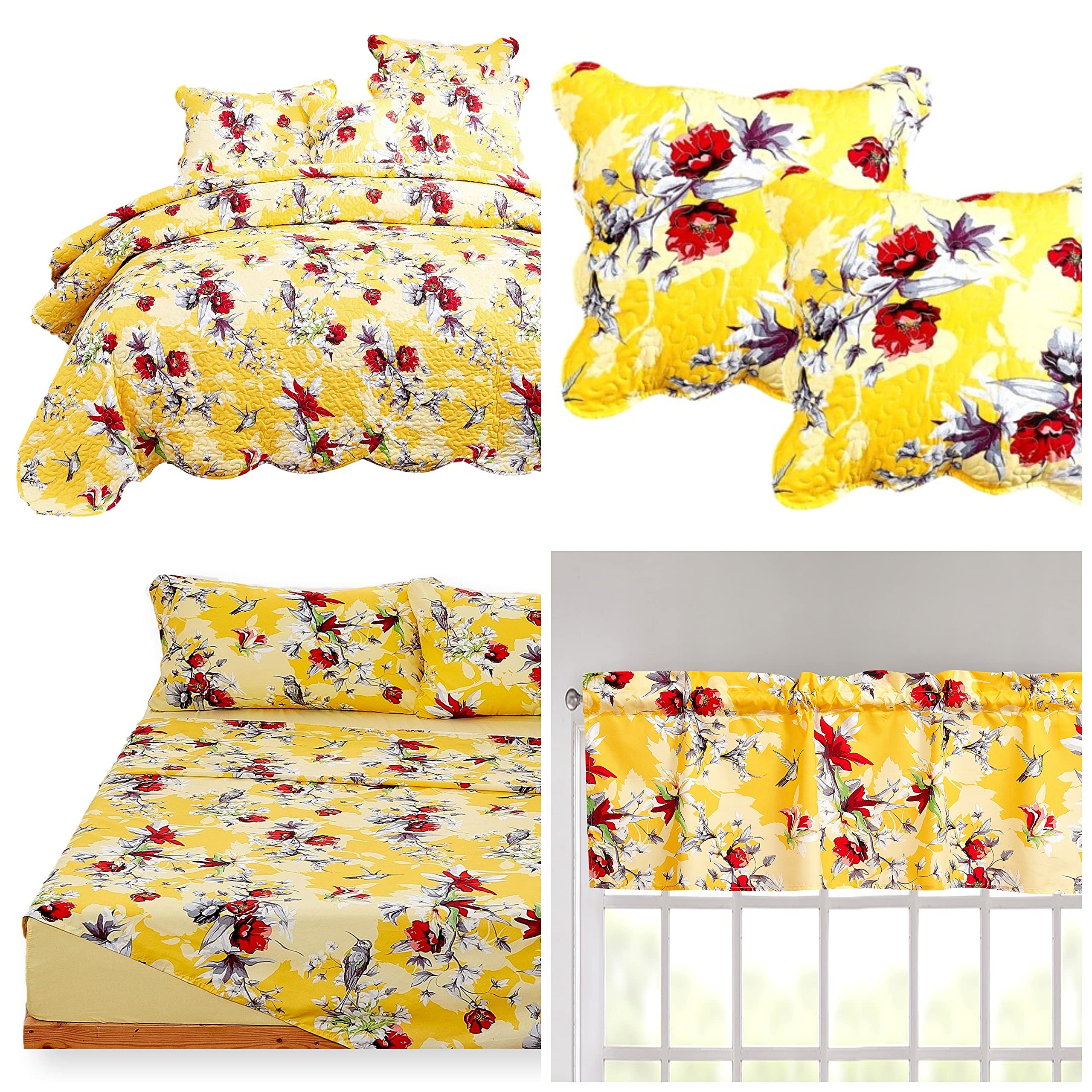 DaDalogy 12-Piece Queen Size Bed in a Bag Set - Botanical Radiant Sunshine Yellow Hummingbird Floral Bedding Set with Fitted Sheet, Flat Sheet, Euro Shams, Throw Pillow Covers & Window Valance | Complete Bedroom Decor for Master Bedroom, Guest Room & Vacation Homes