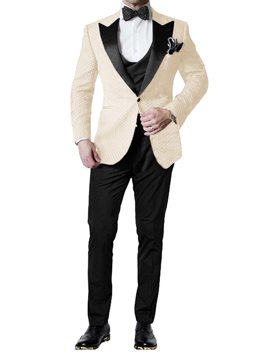 QZI Men's Waffle Suit Set - Peak Lapel One Button 3-Piece Tuxedo for Wedding, Prom & Formal Events | Slim Fit Business Suit for Groomsmen & Party Occasions