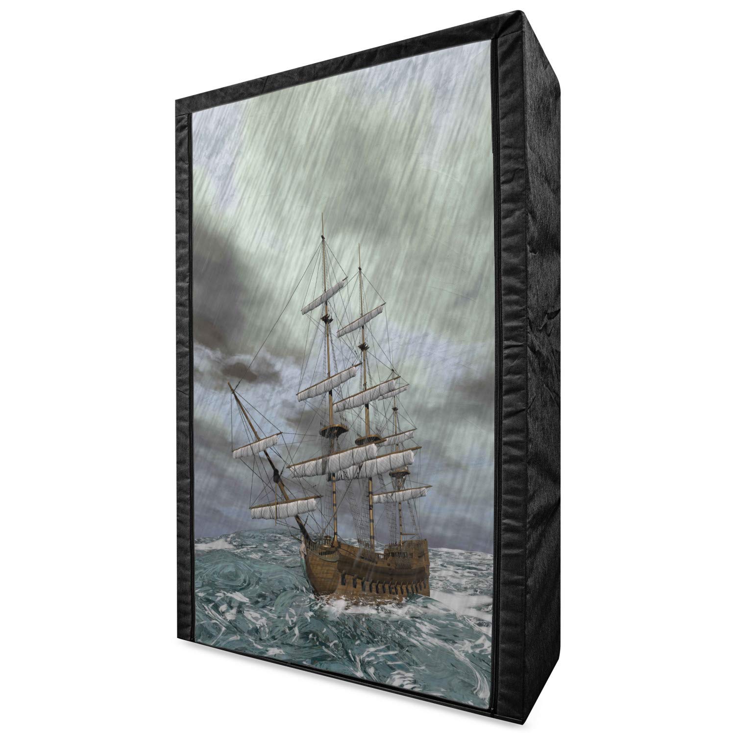 Ambesonne Nautical Fabric Wardrobe - Portable Closet Organizer with Shelves, 42.5 Inch, Grey Slate Blue Umber - Old Ship Ocean Storm Fantasy Illustration - Perfect for Bedroom, Dorm, Apartment & Travel Storage