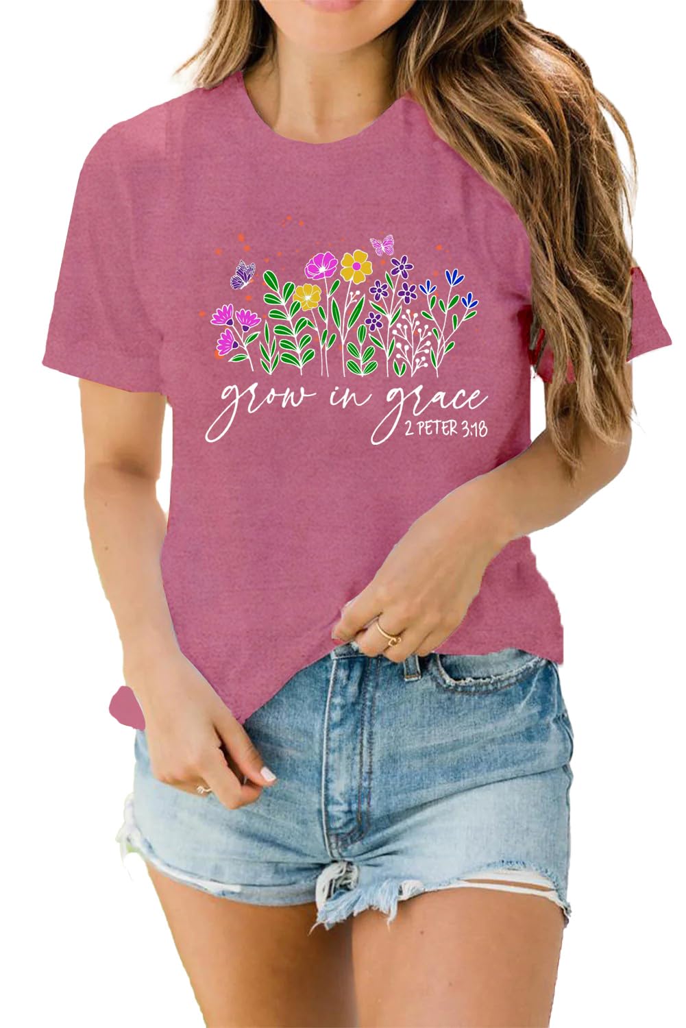 LBP Women's Christian Wildflowers T-Shirt - Grow in Grace Bible Verse Faith-Based Tee - Perfect for Church, Bible Study & Christian Events