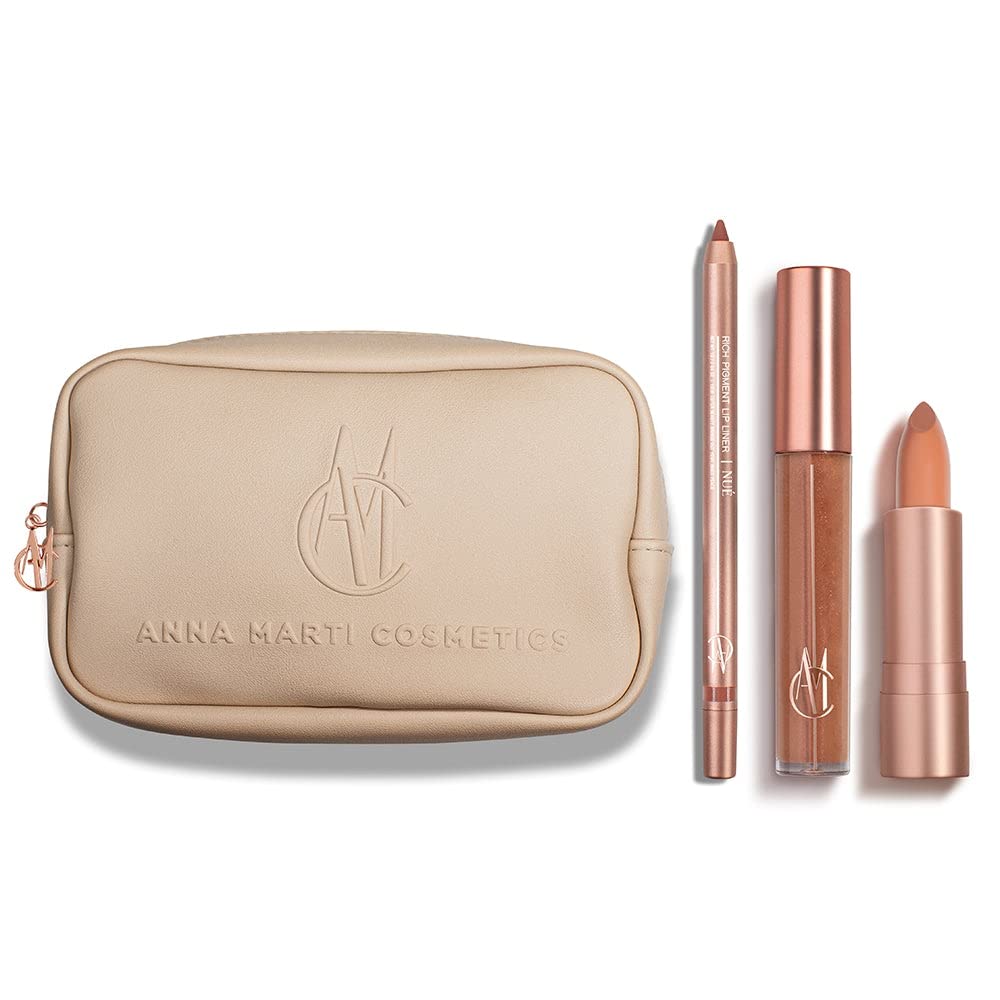 Vegan Lipstick Set - Rich Nude Pigment Lipstick, Lip Liner & Gloss with Makeup Bag (4-Piece Kit) | Perfect for Everyday Wear, Date Night & Special Occasions