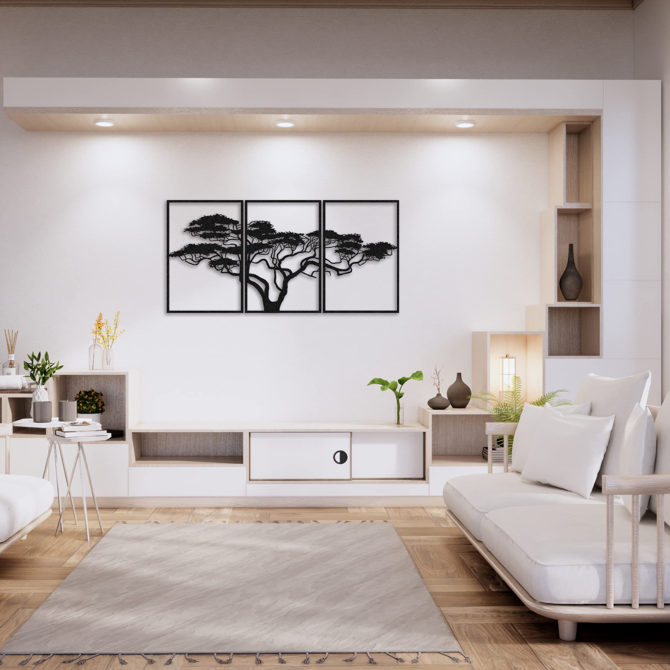 Large Metal Wall Art Tree of Life Decor - 3 Panel African Inspired Wall Hanging for Living Room & Bedroom - Black Modern Home Decor Gift (47x24 Inches) - Perfect for Boho, Farmhouse & Contemporary Interior Design