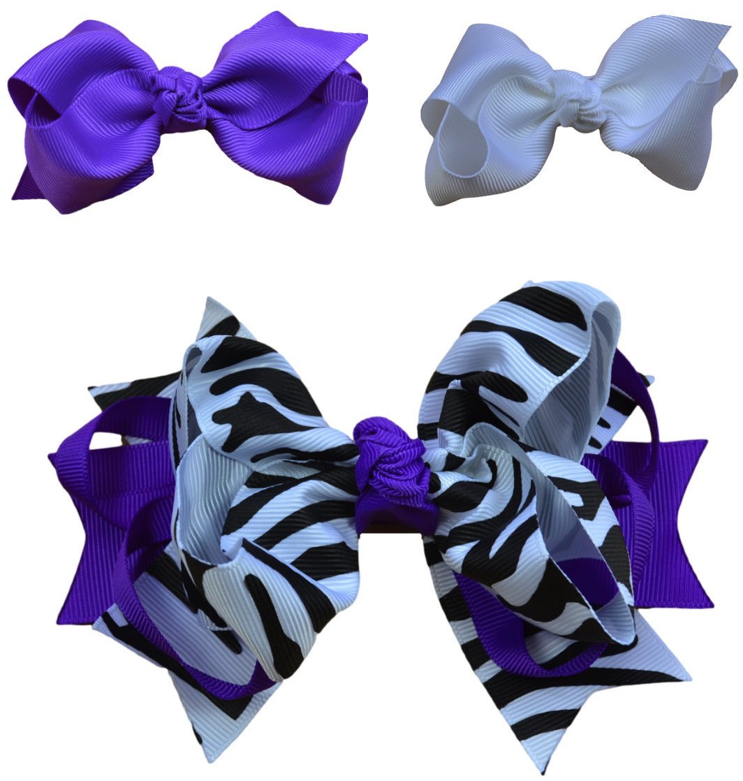 3-Pack Girls Hair Bows Gift Set - Grosgrain Ribbon Hair Accessories for Kids by Funny Girl Designs (Purple Zebra) - Perfect for Birthday Parties, School Events & Photo Shoots