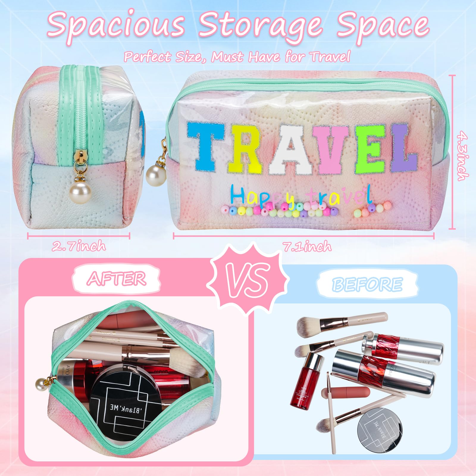 Stylish Colorful Preppy TRAVEL Letter Patch Makeup Bag - Large Capacity Cosmetic Organizer for Women & Girls, Holds More Makeup & Toiletries - Perfect for Daily Use, Travel, Gym & Weekend Getaways