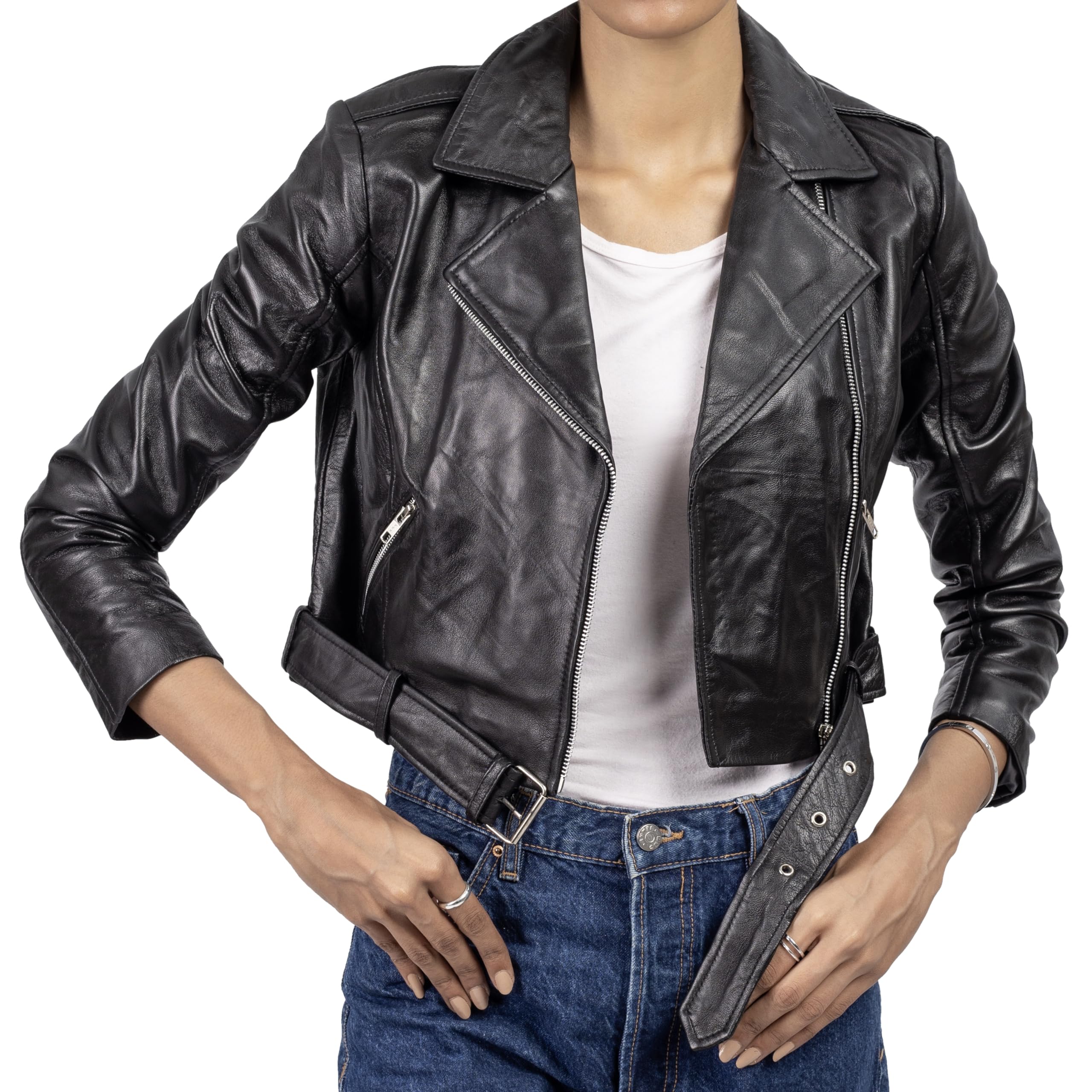 Jild Women's Cropped Leather Jacket - Asymmetric Zip Up Moto Biker Coat with Belt & Lapel Collar | Fashionable Outerwear for Casual Wear, Night Out & Motorcycle Riding