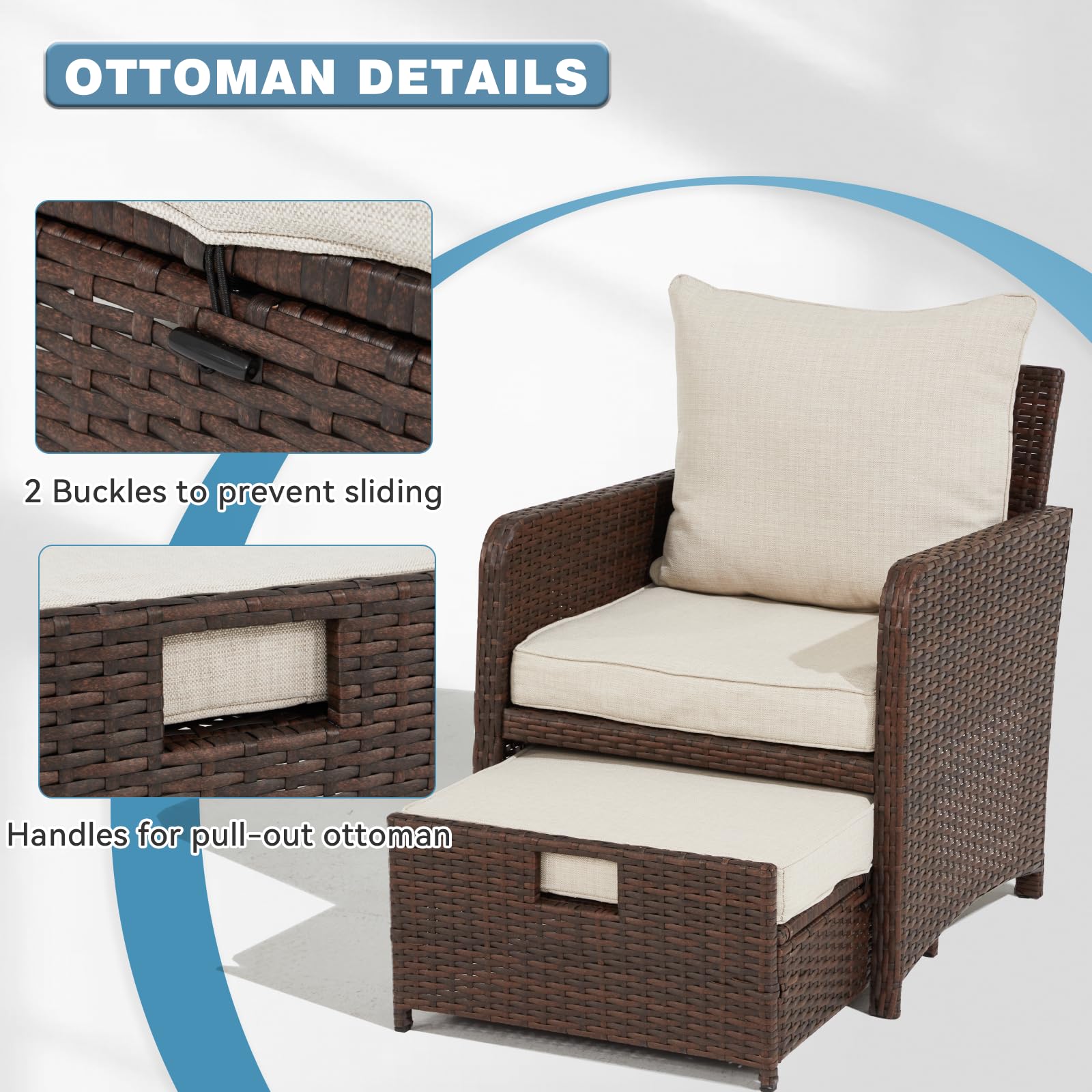 5-Piece Rattan Wicker Patio Bistro Set with Table & Ottomans - Brown & Beige Balcony Furniture for Small Outdoor Spaces | Perfect for Garden, Poolside, Backyard & Apartment Patios