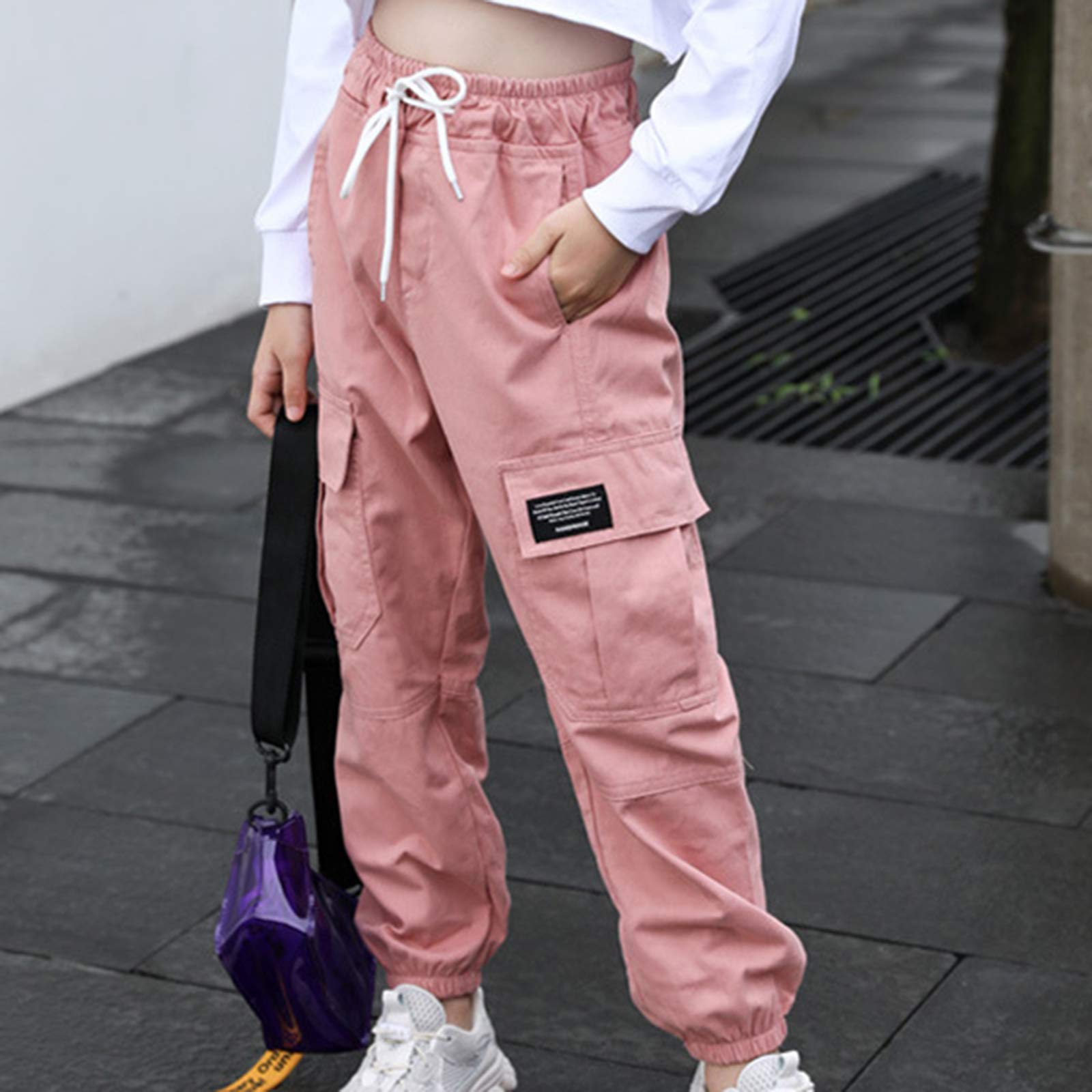 Freebily Girls' Cotton Cargo Jogger Pants - Elastic Waist Drawstring Sweatpants for Kids | Hip Hop Streetwear, Casual Play & School Outfits