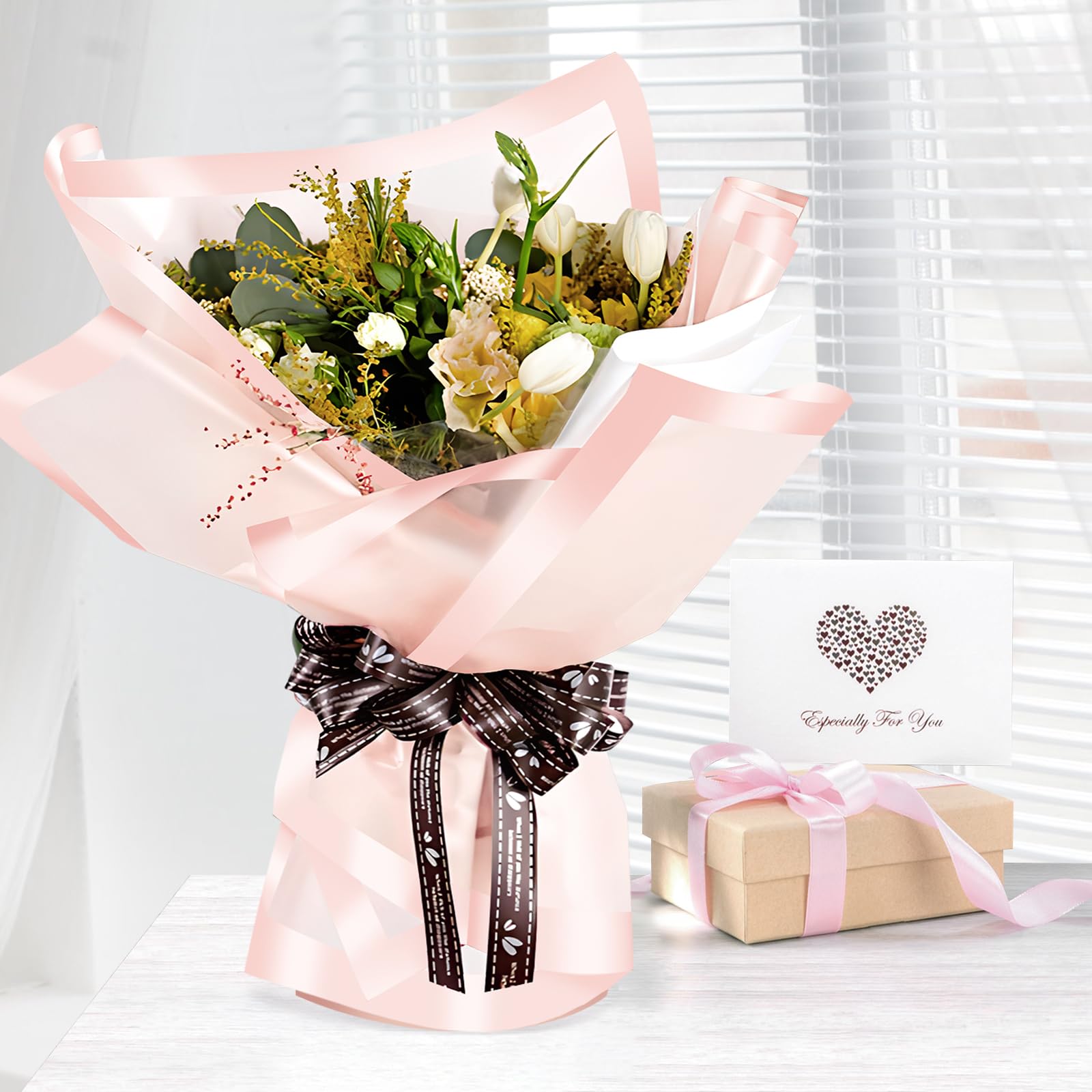 Premium 20 Sheets Flower Bouquet Wrapping Paper Set - Pearlescent Edge Floral Wrap with Ribbons, Waterproof Gift Wrapping Paper for Florist Supplies, 22.8
