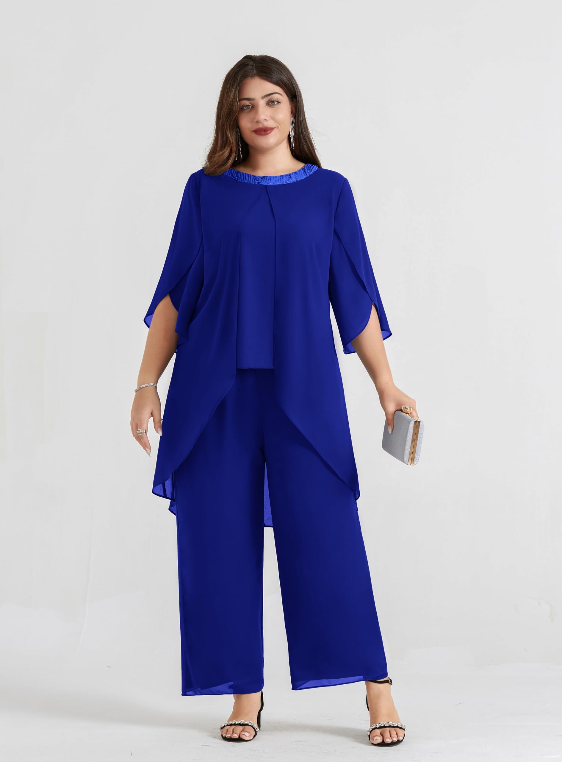 Hanna Nikole Plus Size Mother of The Bride Pant Suits - 2 Piece Chiffon Dressy Wedding Guest Outfit with High Low Hem - Elegant Formal Wear for Weddings, Parties & Special Occasions